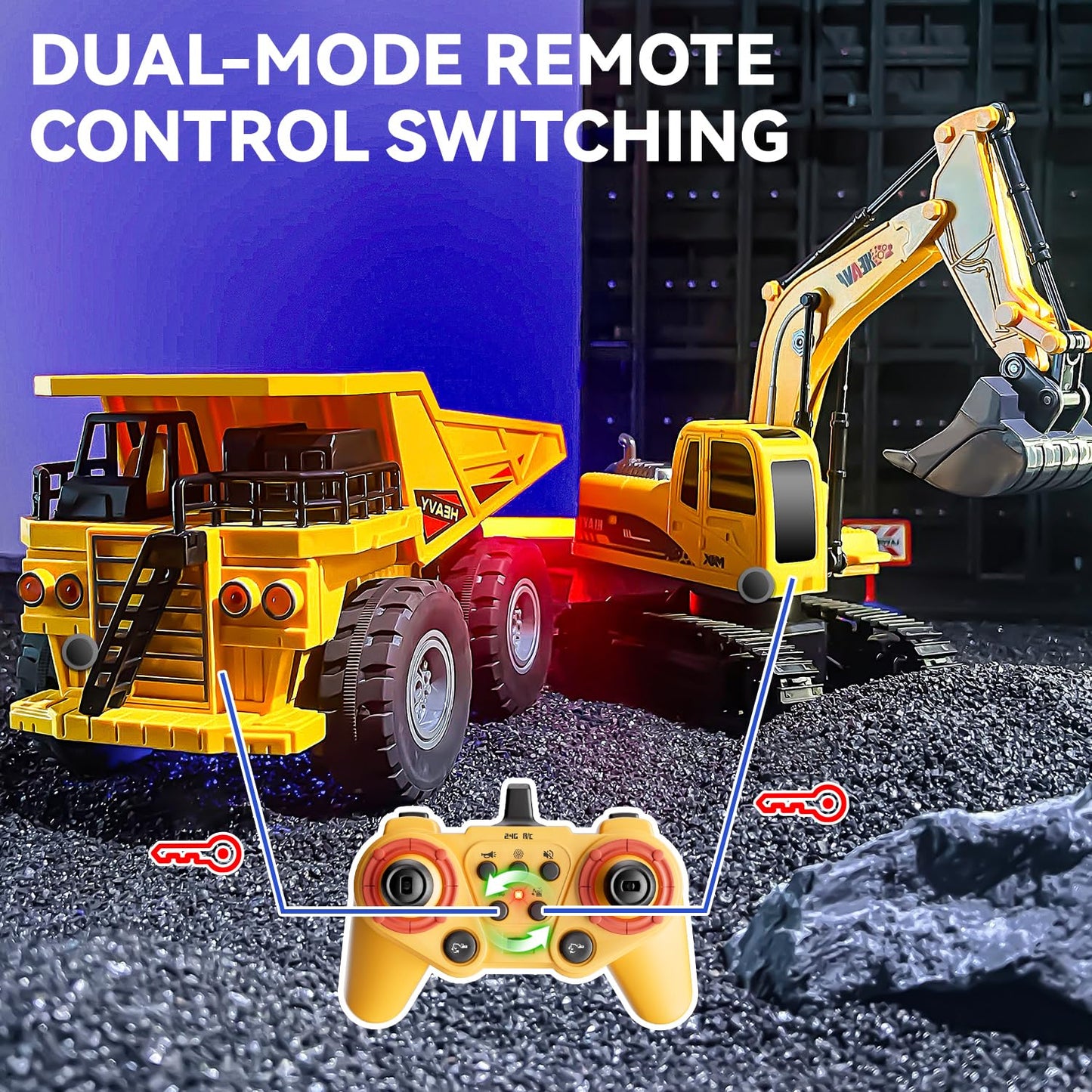 QuirkyGlee RC Excavator and Dump Truck Toy Set for Kids - 11 Channel Remote Control Construction Vehicle with Lights and Sounds, Music, 2.4Ghz Rechargable Digger Car, Gifts for Boys Kids Ages 6-8