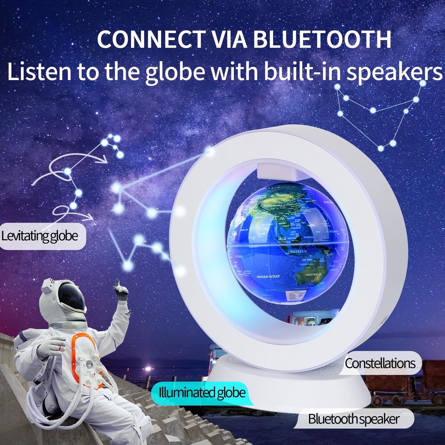 Magnetic Levitation Bluetooth Speaker Constellation Lamp Spinning Floating World Globe For Kids Learning Or Men Boss Office Desk Accessories Decor,Cool Tech Gadgets Unique Desk Toy Gift For Teens