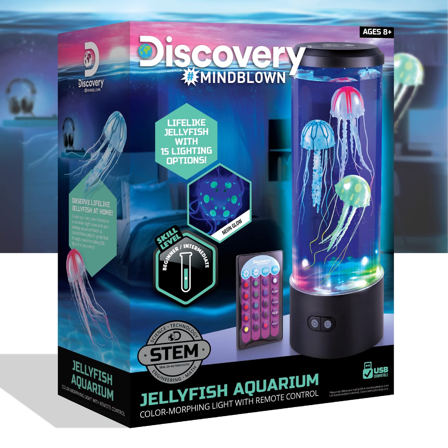 Discovery™ Jellyfish Aquarium Lamp – Color‑Morphing LED Bedroom Night Light with Remote| 15 Light Options| Lifelike Floating Jellyfish| Educational Learning Gift| Ages 8+
