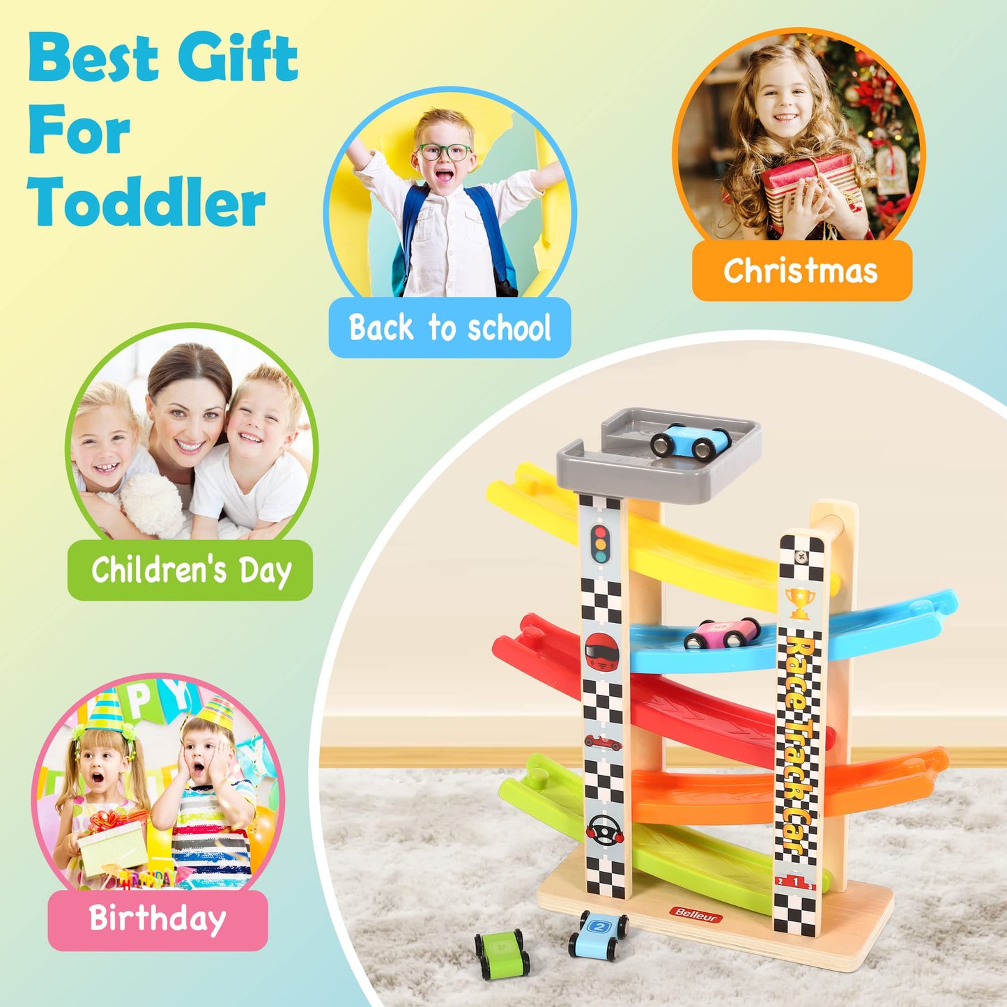 Belleur Montessori Toy for 1-3 Years Old Boys and Girls, Kid Race Track Car for Toddlers with 5 Mini Cars & 5 Ramps, Wooden Montessori Car Ramp Toy Set for Babies' Birthday Gifts, Visit Gifts