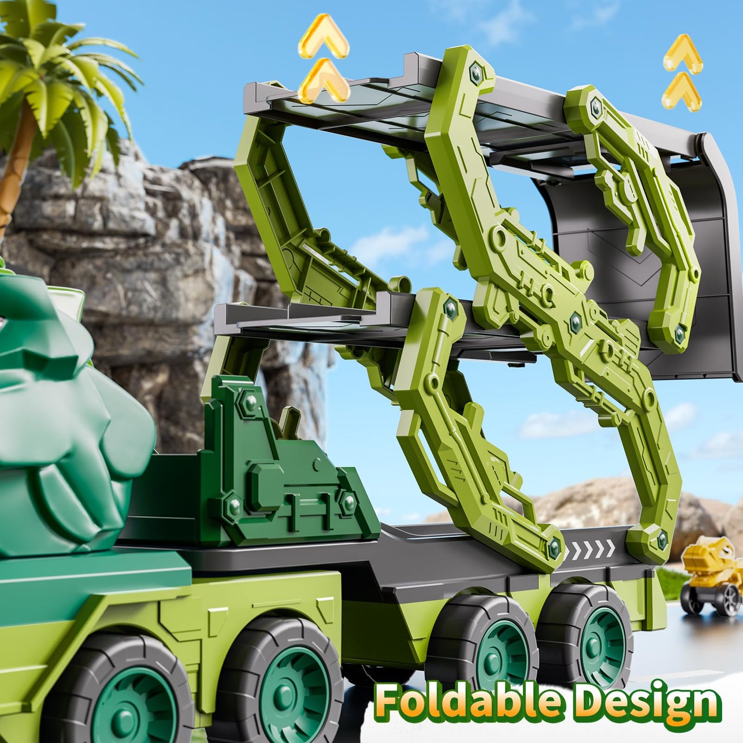 DULONIME 10 in 1 Dinosaur Truck Toys for Kids Aged 3-5 4-8 with Foldable Race Track, Carrier Truck with 9 Dinosaur Toy Car for Boys, Spraying, Light and Sound, Birthday Gifts for Girls Toddlers 5-7