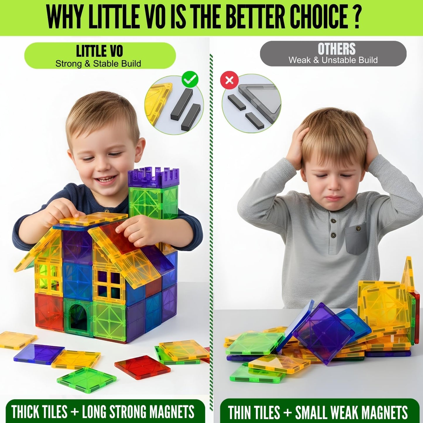 Little Vo Magnetic Tiles 150 PCS with 2 Cars Bases, STEM Magnet Building Tiles for Kids Ages 3-12, Educational Building Magnets Toys, Creative Construction, Preschool Learning & Play for Childs