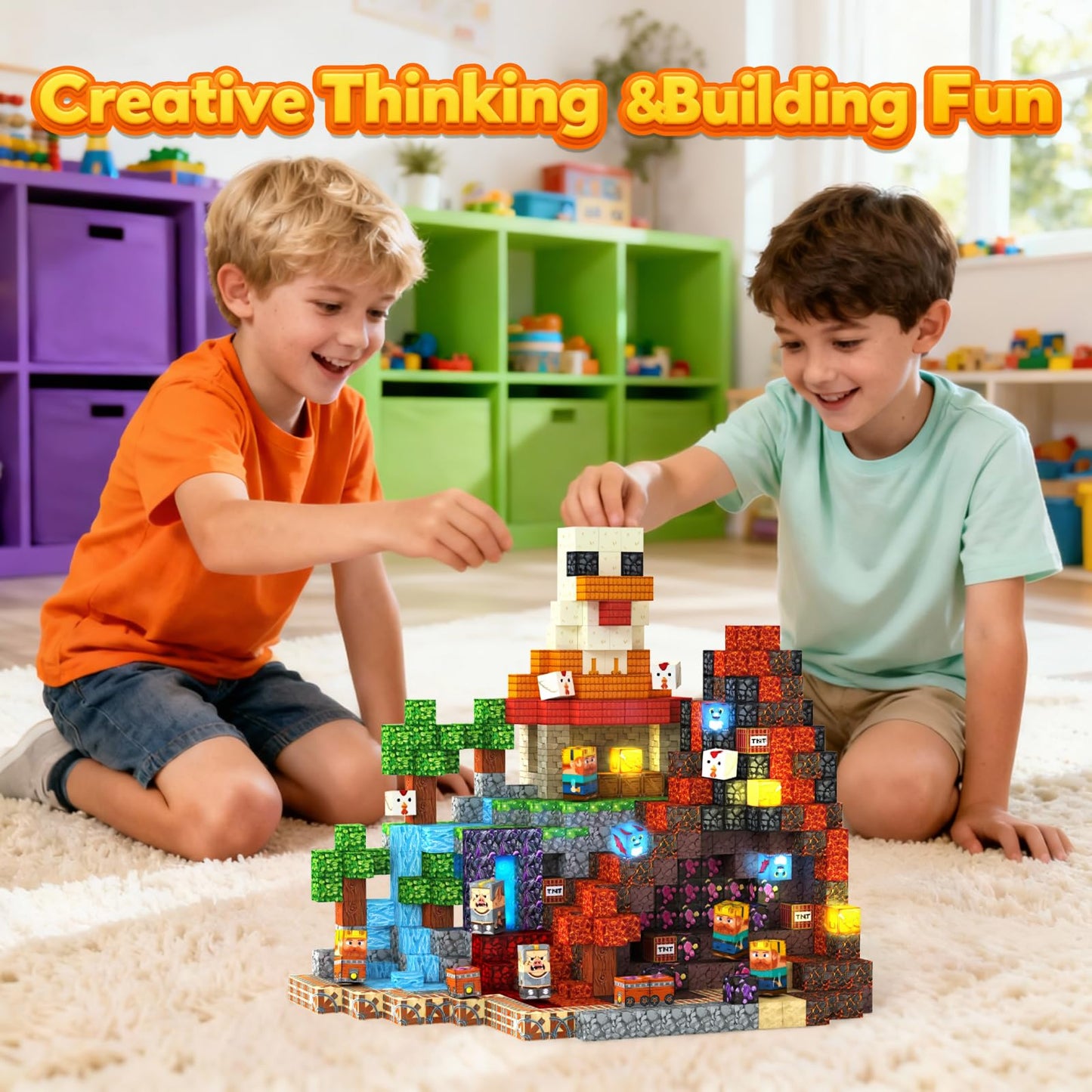 Laoren 200PCS Magnetic Building Blocks Magnetic Blocks Cubes for Kids Ages 4-8 STEM Constructions Magnet Blocks Sensory Stacking Toy (Lava Grill Chicken-200pcs)