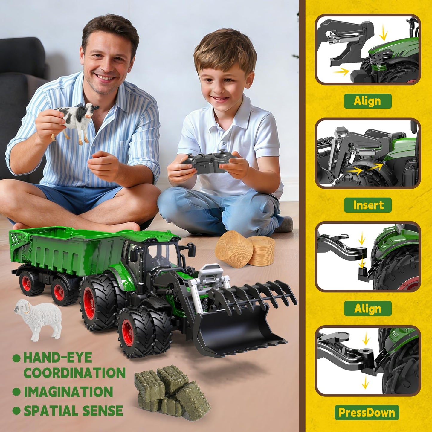 YKTrevok Remote Control Tractor Toy with Trailer | 2-in-1 8-to-4 Wheel Convertible Front Loader Tractor, Openable Doors & Hood with Lights, Farm Animals & Hay Bales, Gift for Kids Ages 3-9