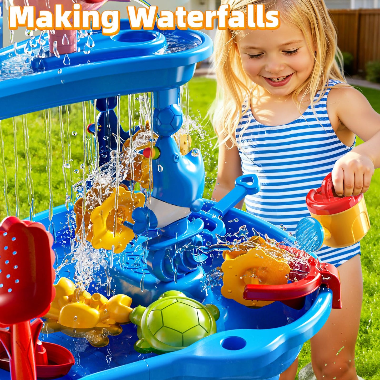 DULONIME 3-Tier Sand and Water Table Toys for Kids Aged 3 4 5 6 7 8, Water Waterfall Sensory Play Table with Beach Toys Accessories, Outdoor Activity Playset for Toddlers 2-4 3-5 4-6, Birthday Gifts