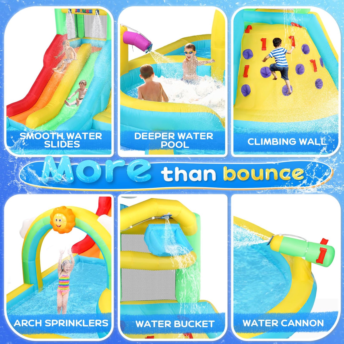 (2026 New) JOYMOR Inflatable Water Slide Bounce House w/Water Bucket, Climbing Wall, Pool, Rainbow Sprinklers, 1min Blow Up Water Slide 10-in-1 for Kids w/Strong Blower, Carrying Bag