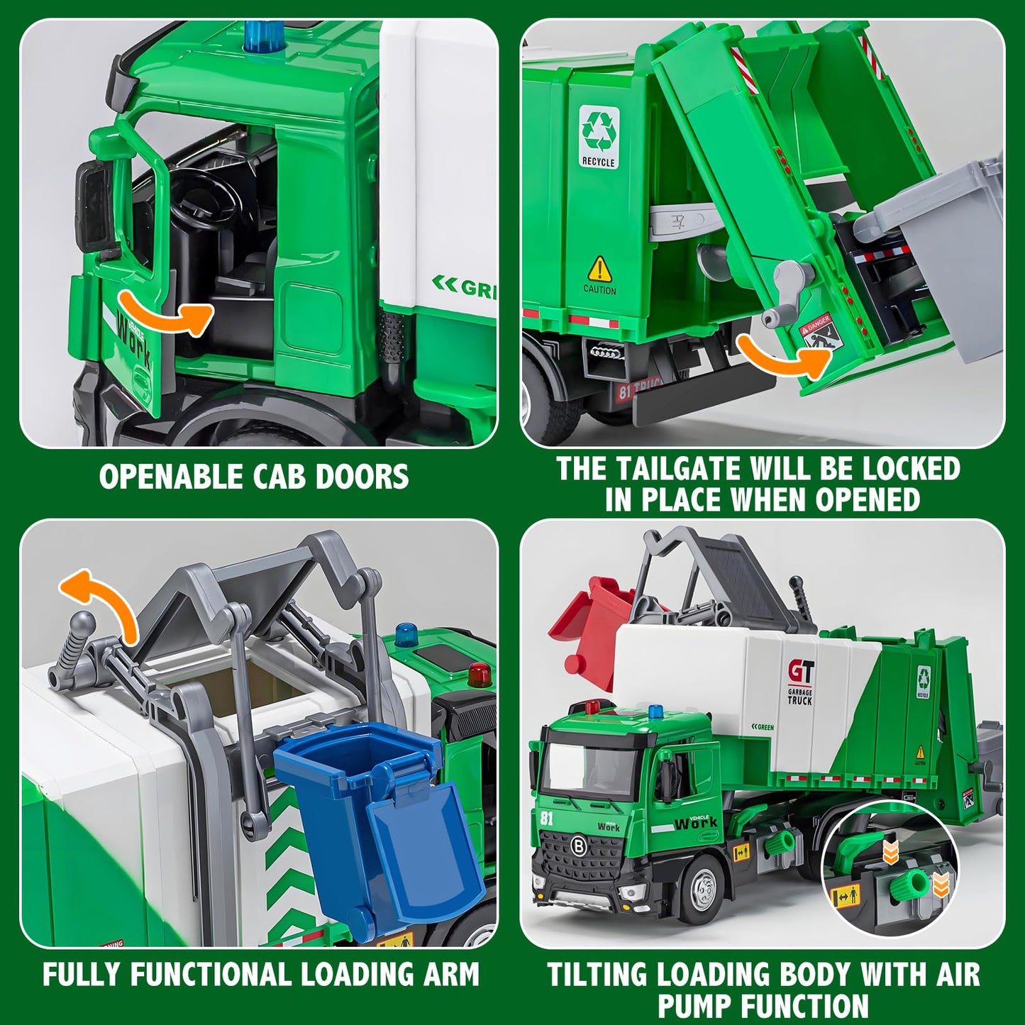 HAPYAD Side Loading Garbage Truck Toys Metal CAB, Trash Truck with Air-Pump Function, Lights & Sounds, Includes 4 Trash Bins, Learning Cards, Birthday Gift for Toddlers Kids 12"