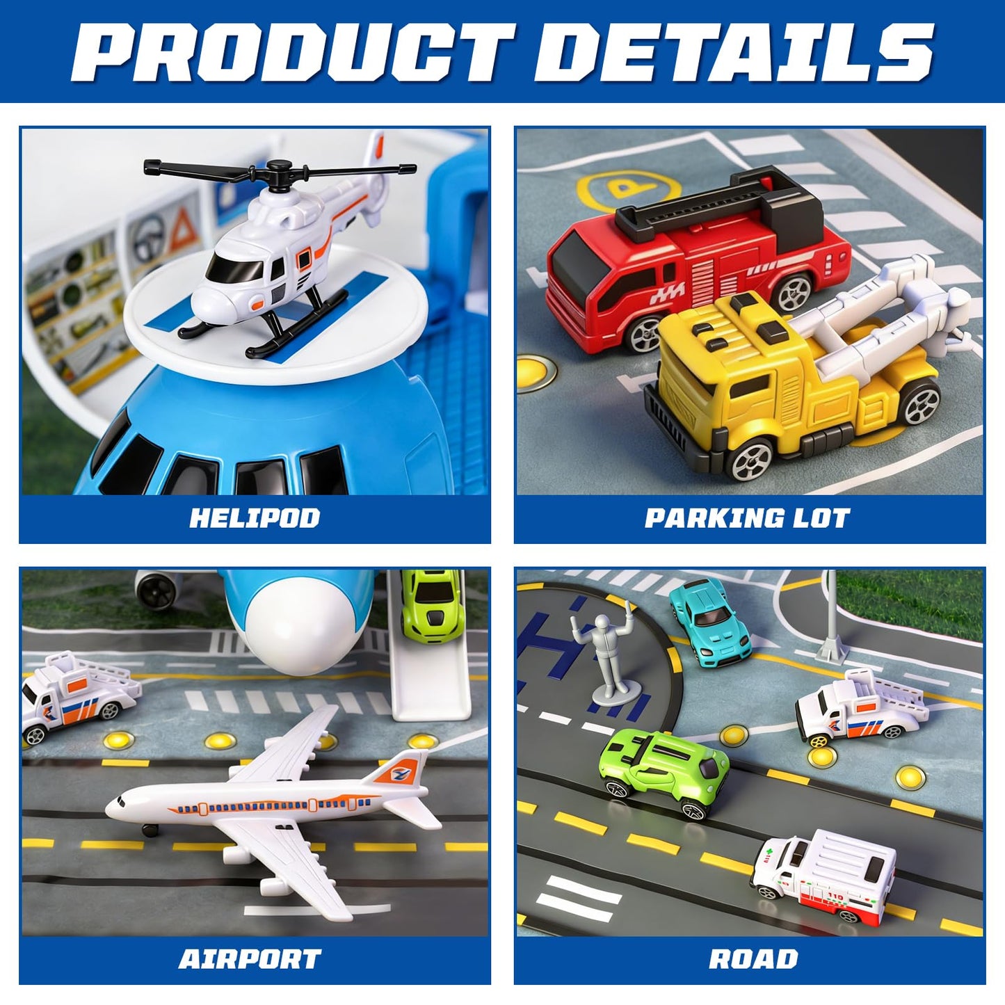 Airplane Toys for Toddlers 1-3-5,Toy Airplane Transport Aircraft with Cars & Helicopter & Play Mat & Stickers,Plane Toys for Boys Girls Age 1 2 3 4 5 6 7 Birthday