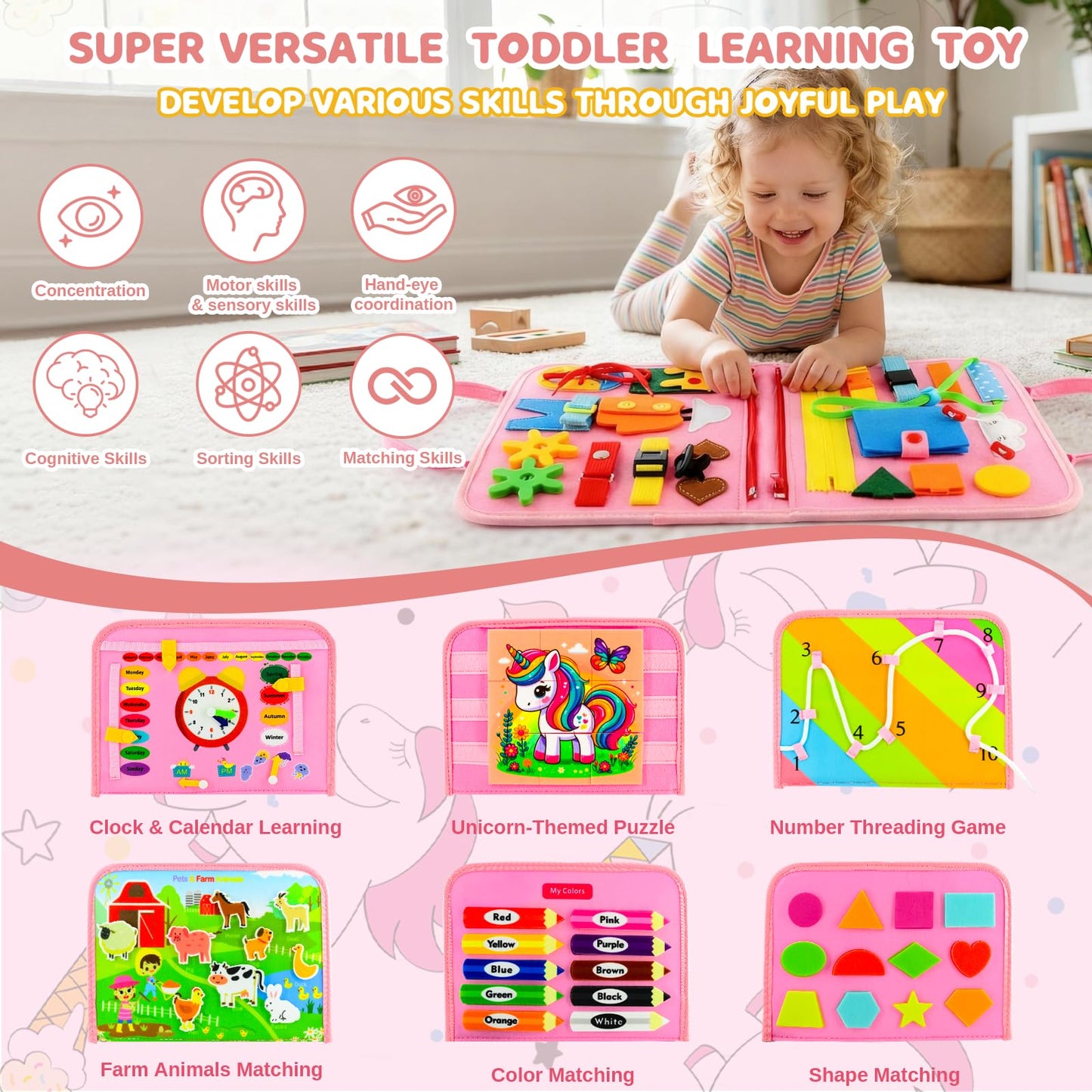 Toddler Busy Board Montessori Toys for Toddler 1-3 Year Old, Girl Birthday Gift, Preschool Educational Montessori Busy Book Board, Felt Sensory Activity Board Sorting Toy Age 2-4 with Fine Motor Skill