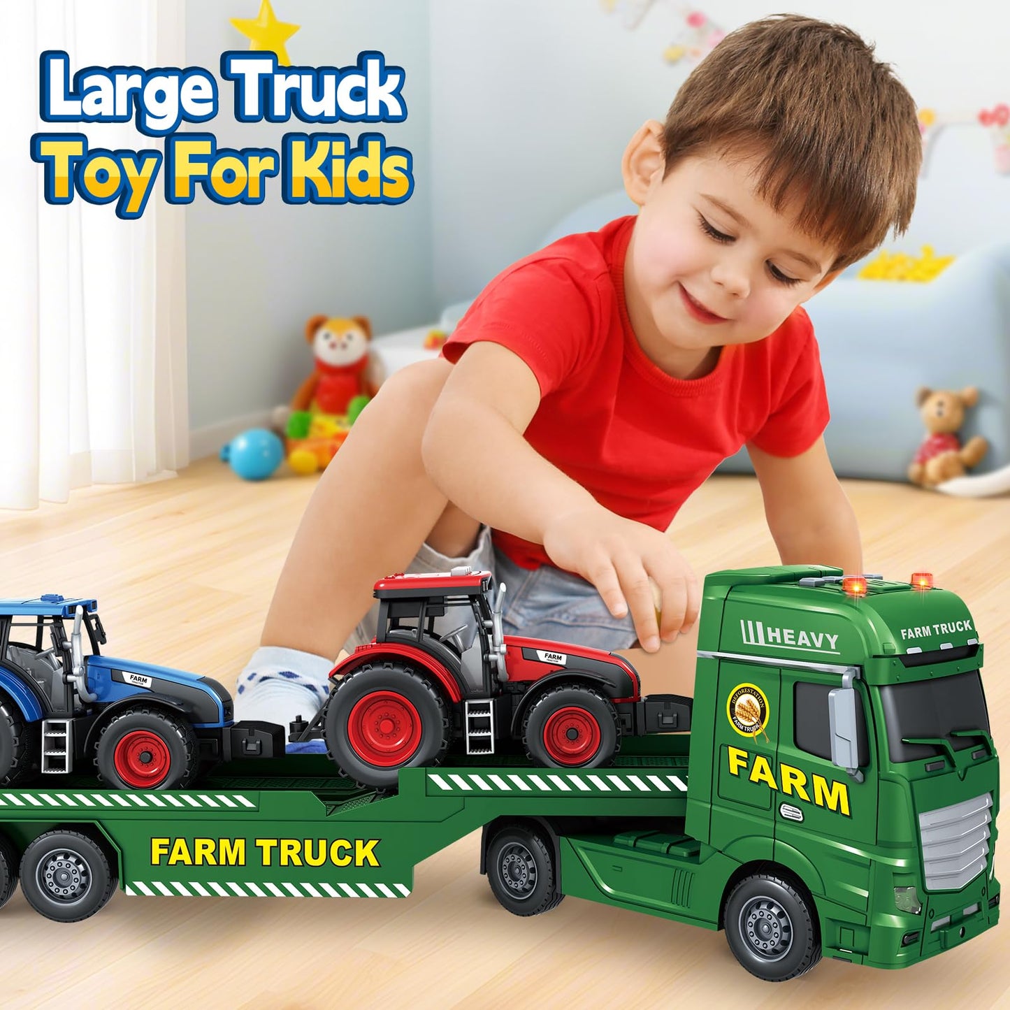 Bstoyder Toddler Boy Toys for 3 4 5 6 7 Years Kids, 25" Semi Flatbed Truck Toy with 2 Tractors, Friction Powered Vehicles Toys with Lights and Sounds, Birthday for Boy Girls