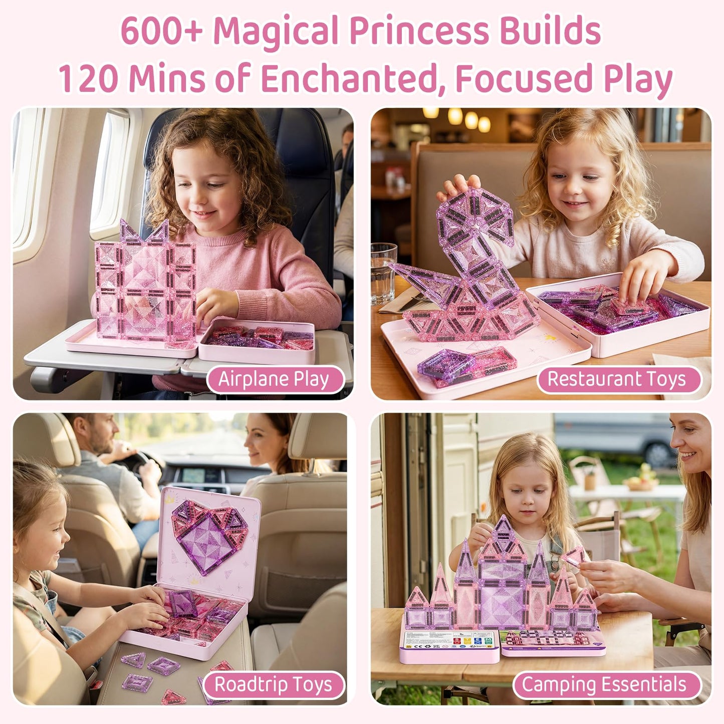 STEM MATCH Magnetic Tiles Girls Travel Toy: 42 PCS Pink Glitter Building Blocks Castle Tin Box - 120 Mins Quiet Play 60s Cleanup - Toddler Kids Gift Age 3 4 5 6