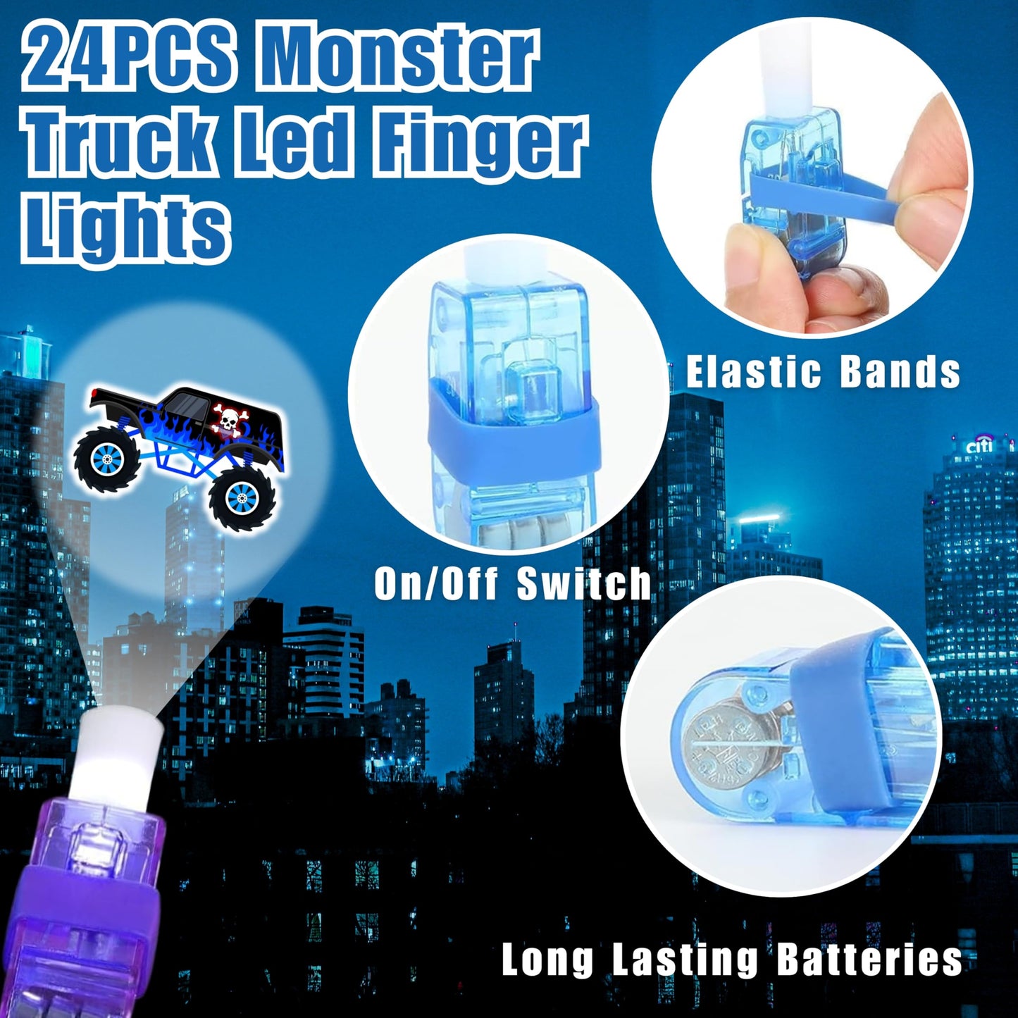 72 PCS Monster Truck Party Favors – 48 PCS Tattoos & 24 PCS LED Finger Lights Combo – Birthday Goodie Bag Fillers, Party Supplies, Gifts Light Up Toys Glow In The Dark for Boys and Girls