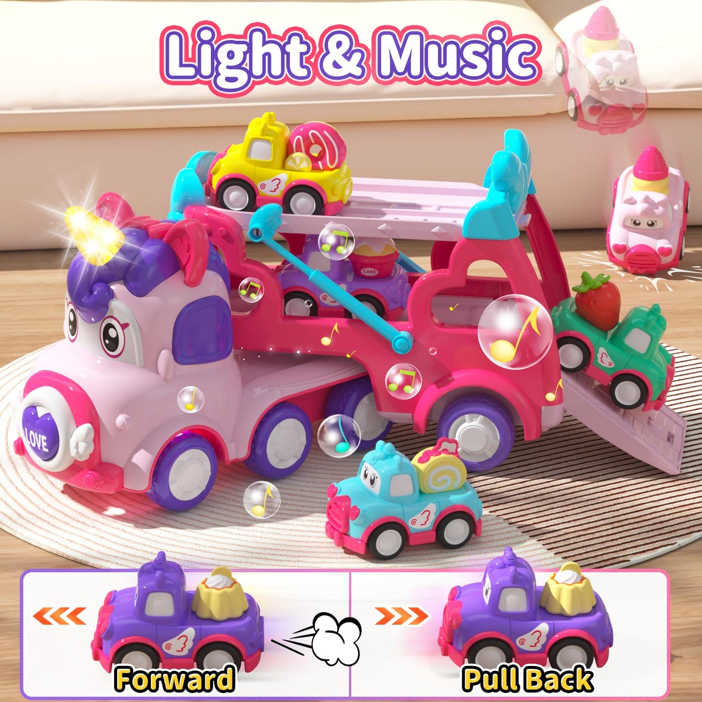 usrela 7 in 1 Unicorn Carrier Truck Toy for 1 2 Year Old Girl Car with Light & Music, Princess Toddler Girl Toys Age 2 3, Girl Car Toys for 1 2 3 Year Old Birthday Gifts Christmas for Baby Girl