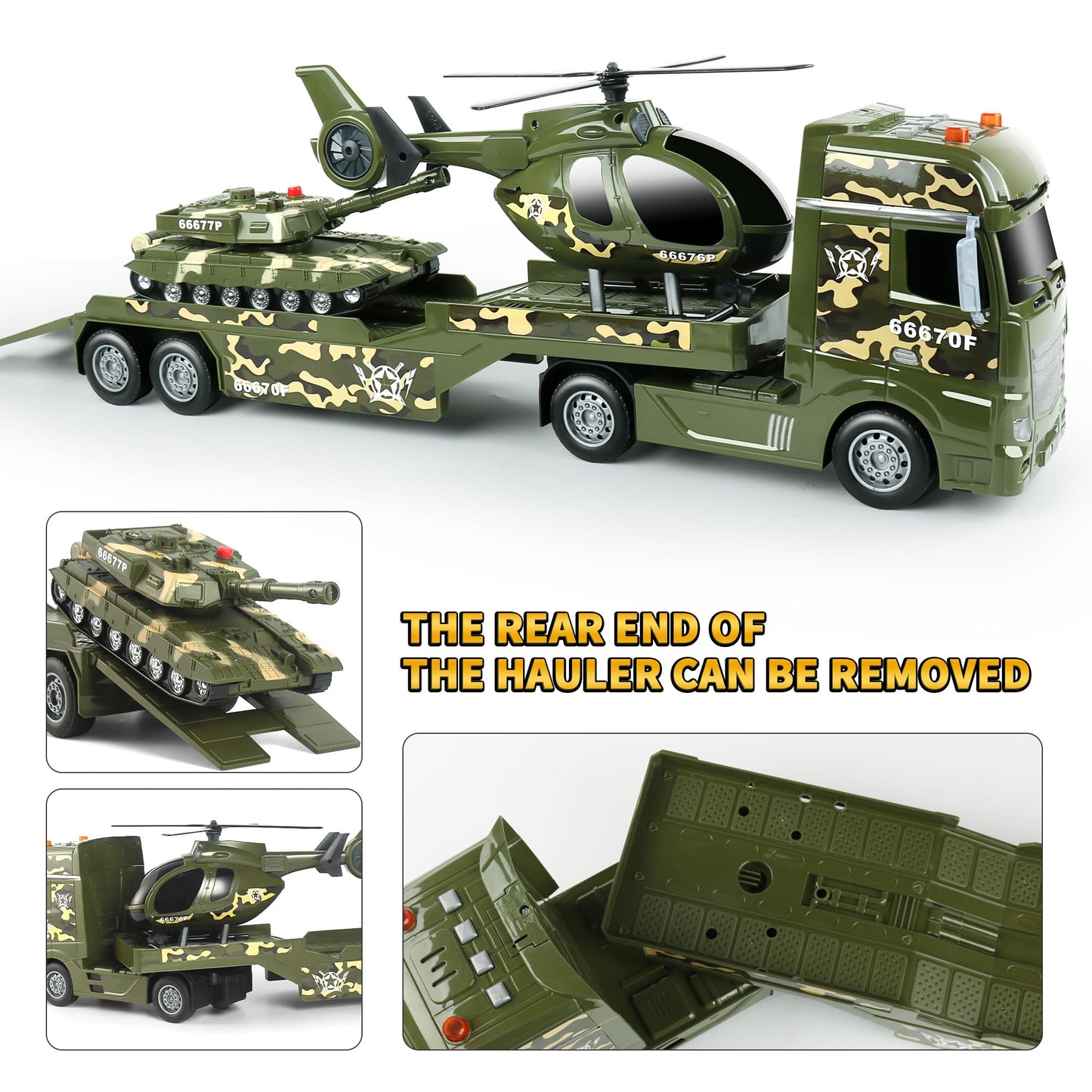 Dwi Dowellin Green Military Big Truck Toys,25.6" Semi Truck Toy with Helicopters and Tank,Army Toys with Lights & Sounds,Birthday Gift for 2 3 4 5 Years Old Boys and Girls