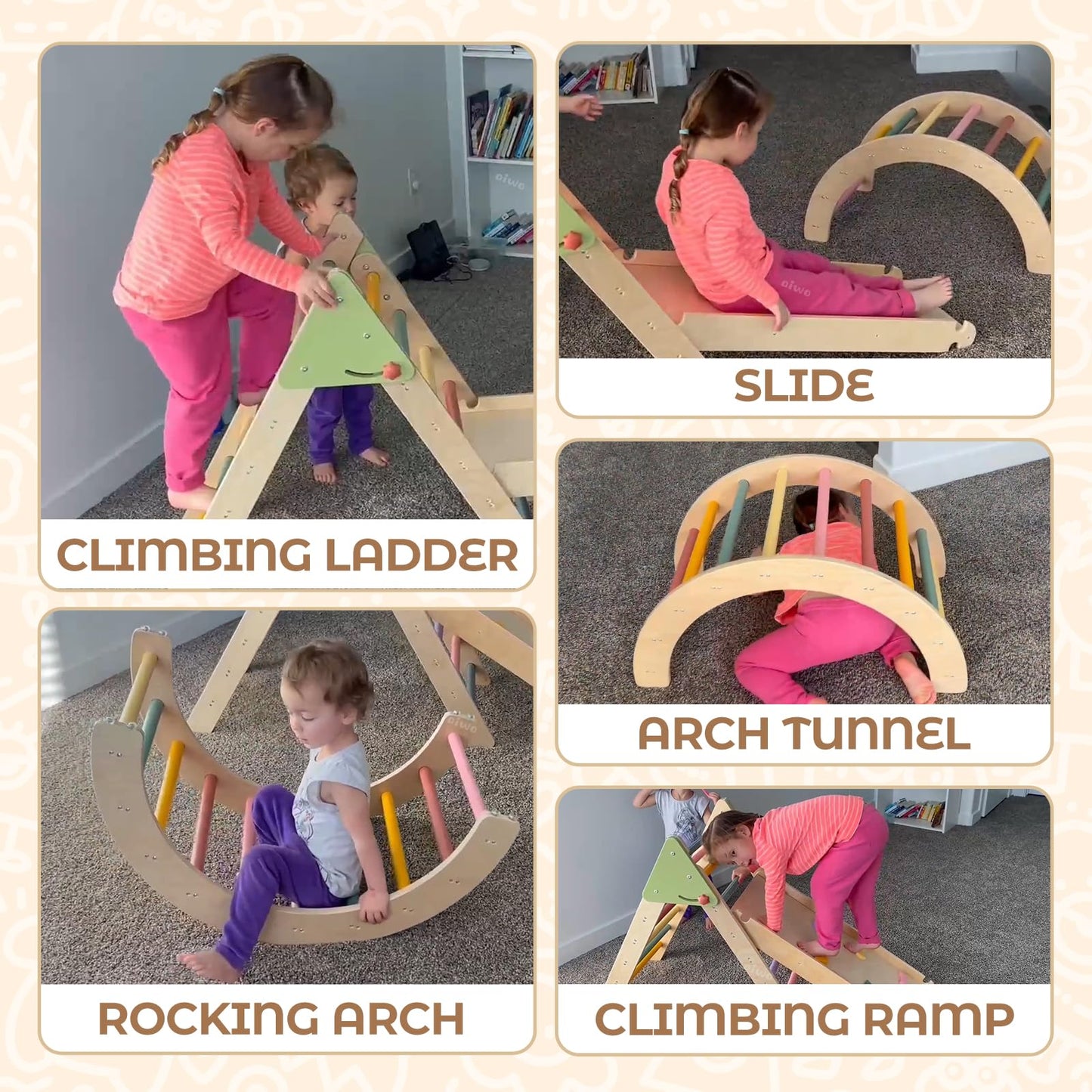 aiwo 7-in-1 Pikler Triangle Set Toddler Climbing Toys Indoor, Montessori Baby Climbing Gym, Climbing Set for Toddlers 1-3 Jungle Gym-Extra Thick