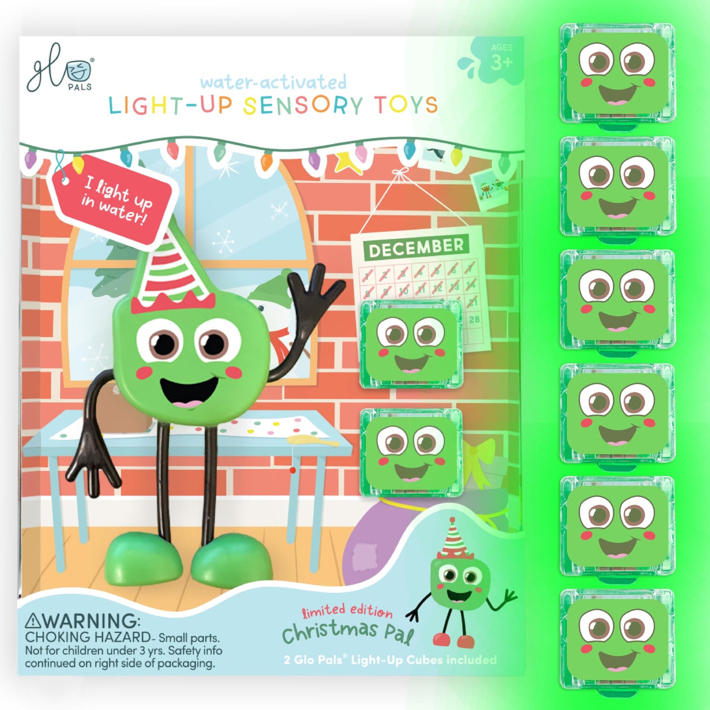 Glo Pals Christmas Pal Water-Activated Bath Toy with 2 Reusable Light-Up Cubes for Sensory Play
