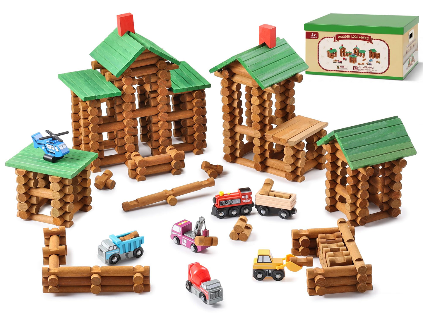 SainSmart Jr. 480 PCS Wooden Log Cabin Set with Storage Box, Building House Toy for Toddlers with 7 Toy Cars, Classical STEM Construction Kit Compatible with Lincoln Logs, Ideal Gift for Ages 3+