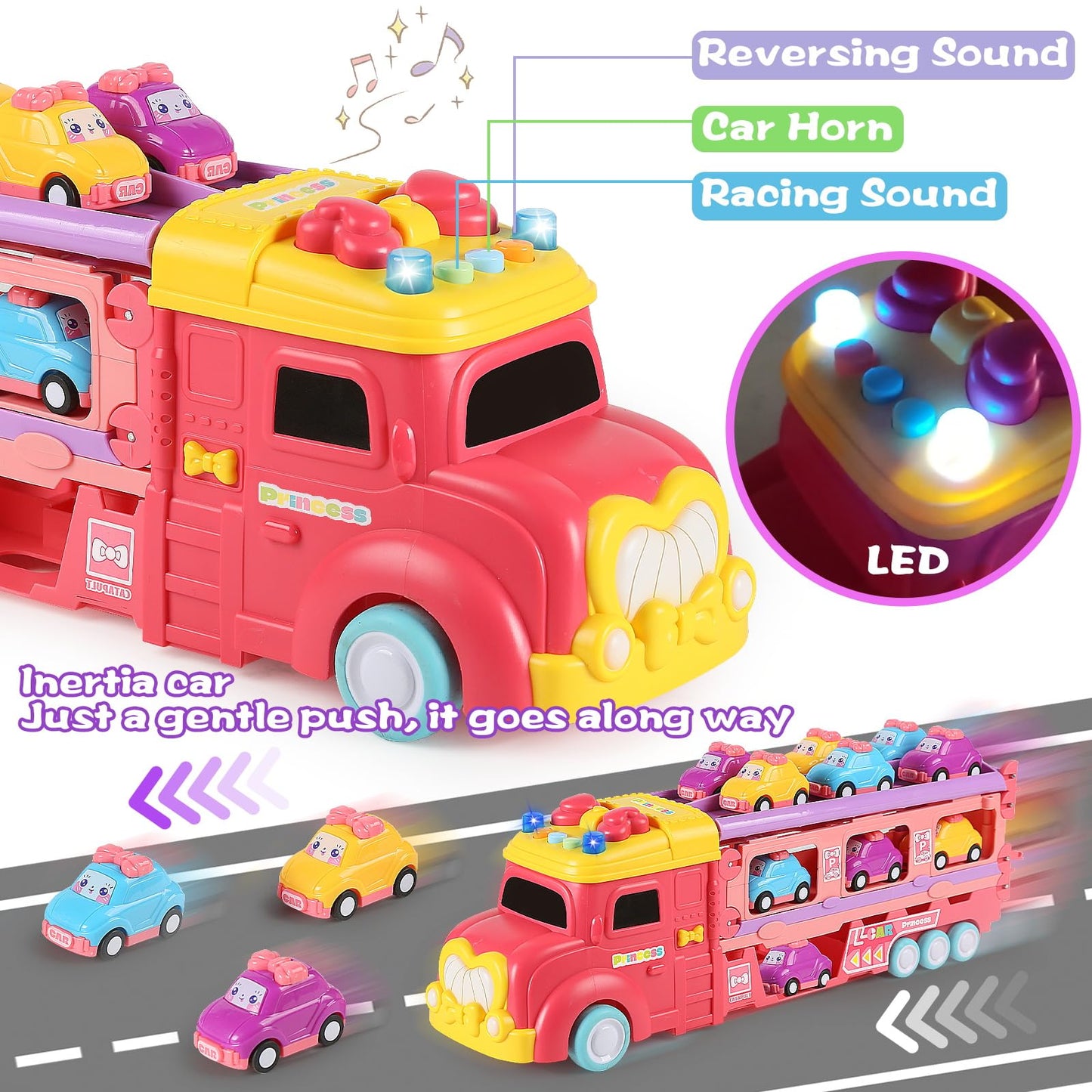 aruemp 12 in 1 Princess Carrier Truck with Girls Car Toys, 2-Player Race Mode Friction Power Toy Cars with Light & Music for 3 Year Old Girls Birthday Gifts