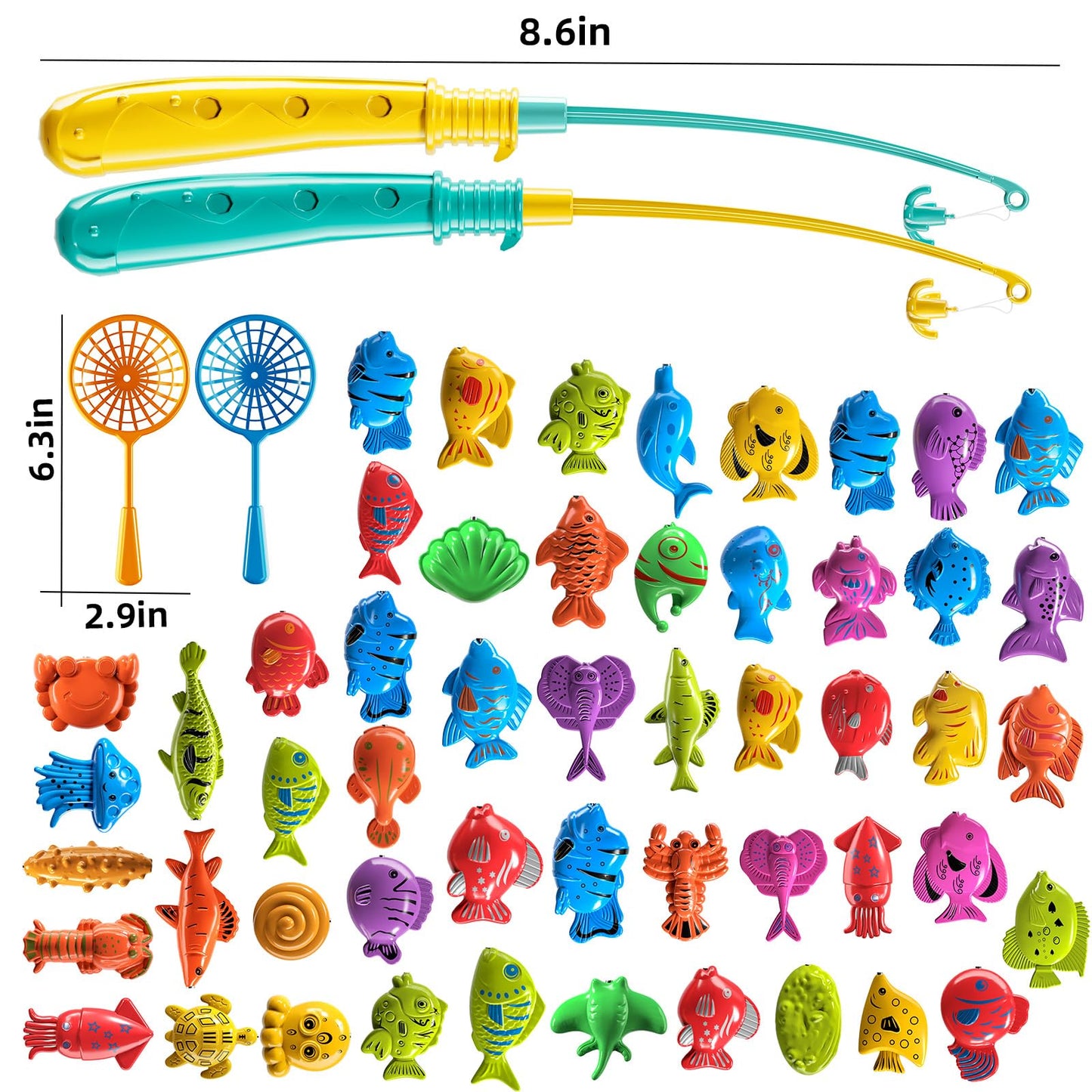 TEMI Fishing Toy Game for Kids 3 4 5 6 7 8 Years Old, 51 Fish Bath Playset for Toddlers, Toy Magnetic Rod and Fishing Net, Outdoor Water Toys for Kids Age 3-5, Party for Boy and Girl