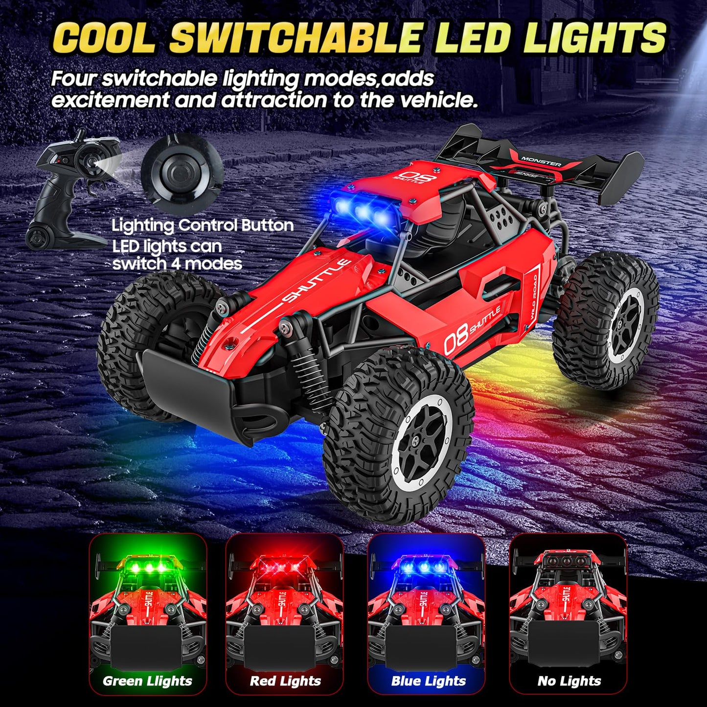 Remote Control Car for Kids 3 4 5 6 7+, 20 KM/H High-Speed RC Cars with LED Lights, 2.4GHz 2WD Monster Truck Toys,Toy Cars for Girls Boys,Christmas & Birthday Gifts,Upgraded Anti-Collision Shaft–Red