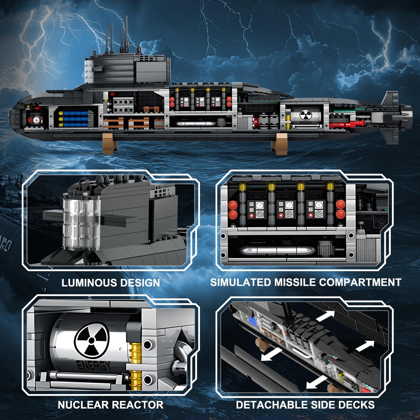 Strategic Nuclear Submarine Toy Building Blocks Set for Adult Kids, WW2 Historical Military Battleship Model Kit with Light, Home Office Decor Collection, Gift for Men Boys Teens 14 16+ (1498cs)