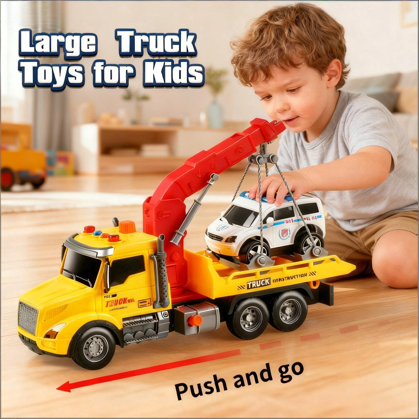 DWIRCTOYS Toddler Boy Toys,Tow Truck Toy for 3 4 5 6 7 Year Old Boys,Friction‑Powered Rescue Tow Truck with Lights and Sounds,Birthday Gifts for Boys & Girls