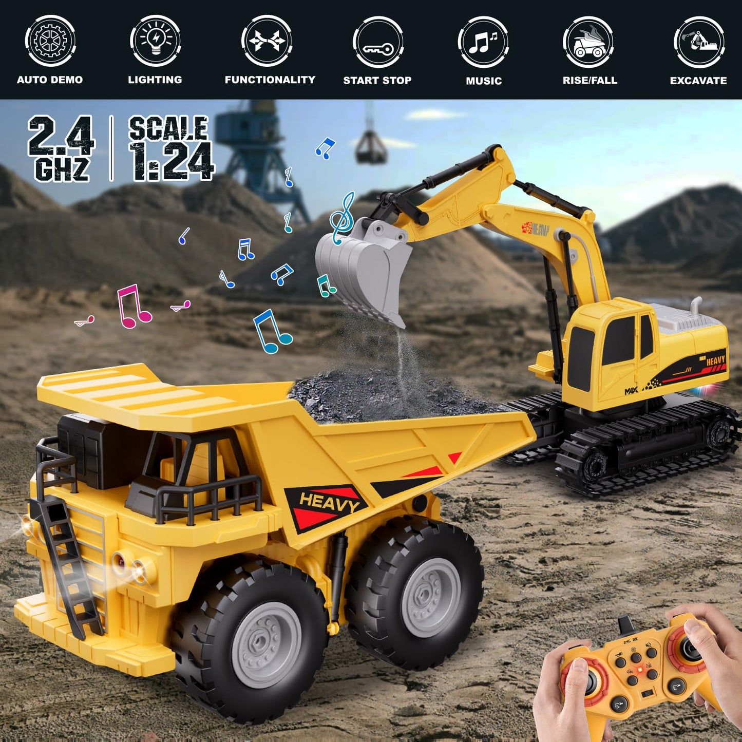 QuirkyGlee RC Excavator and Dump Truck Toy Set for Kids - 11 Channel Remote Control Construction Vehicle with Lights and Sounds, Music, 2.4Ghz Rechargable Digger Car, Gifts for Boys Kids Ages 6-8