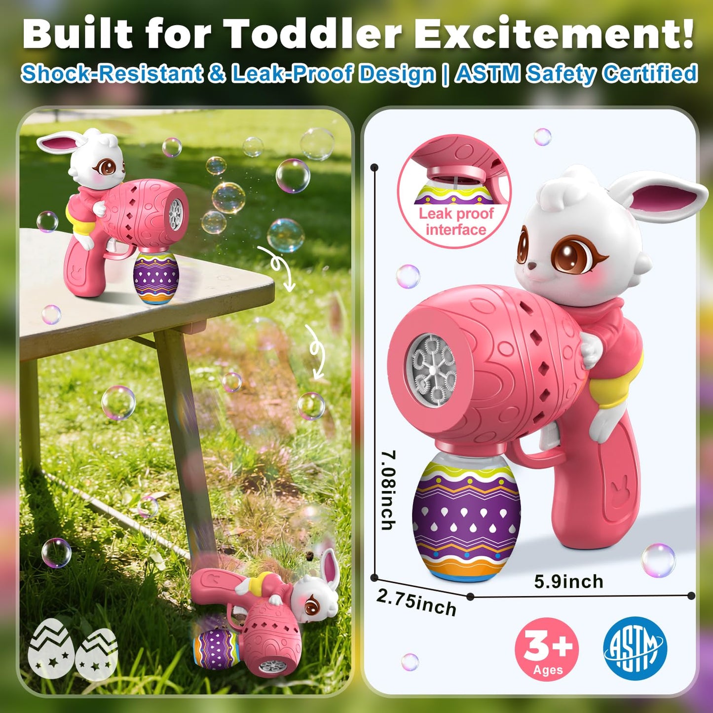 Easter Bubble Guns for Toddlers & Kids: Easter Basket Stuffers 2-Pack Bunny & Egg Themed - Leak-Proof Bubble Blaster Toys with Refill Solution - Perfect for Easter Egg Hunt & Outdoor Party