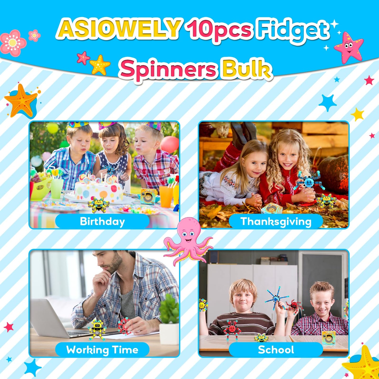 ASIOWELY Transformable Fidget Spinner Toys for Kids and Adults,10 Pcs Sensory Toy for Boys Girl ADHD Stress Relief Toys,Fingertip Gyros Travel Toy Party favors for Teens Birthdays Gifts Easter Present