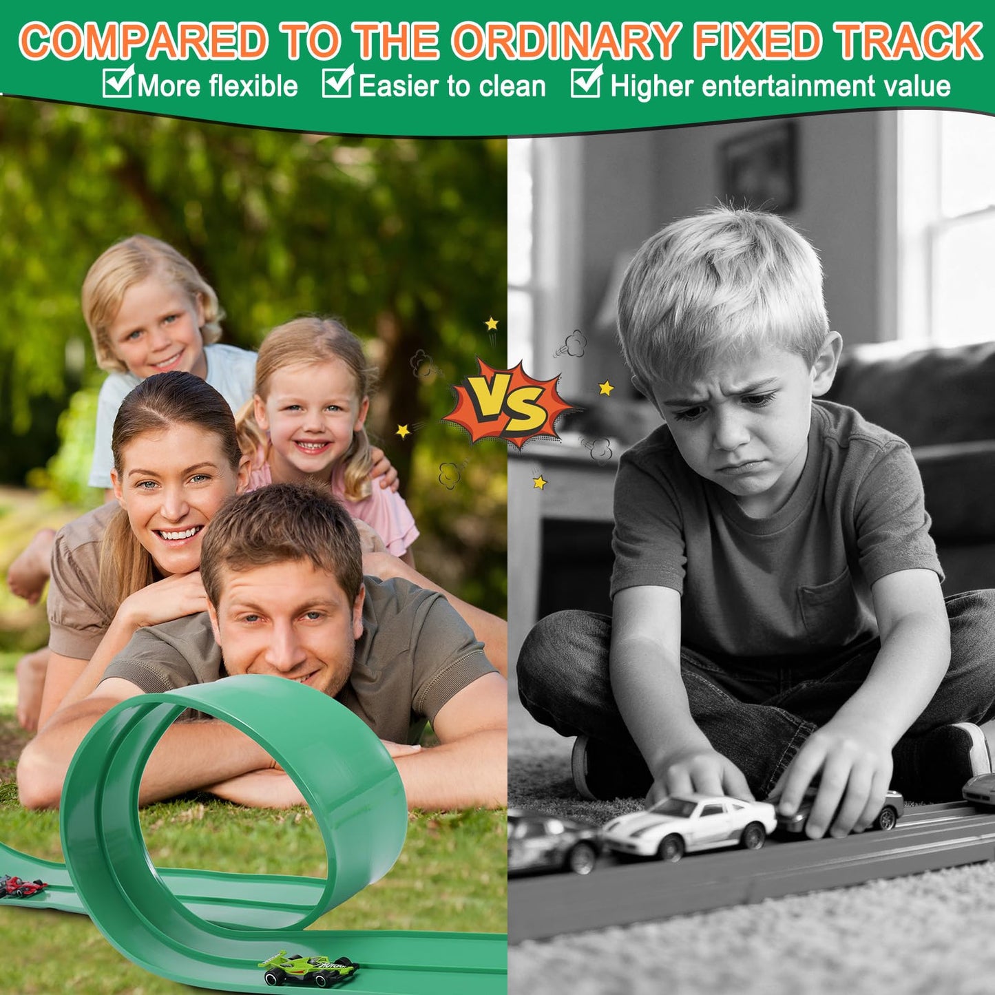 Flex Track Race Cars for Kids, Rubber Have Extra-Long 15.75ft is Customizable Race Track, with 4 Racing Cars and 6 Suction Cups, Flexible Race Track Easy to Store for Outdoor Play (Green)