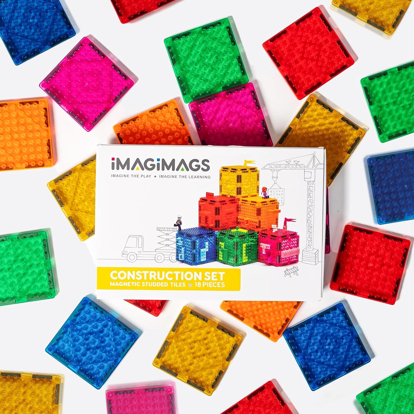 Imagimags Studded Magnetic Tiles Construction Set – Building Brick Compatible Expansion Pack (18 Pieces) – Connects Magnetic Tiles to Small Building Bricks – Kids 5+
