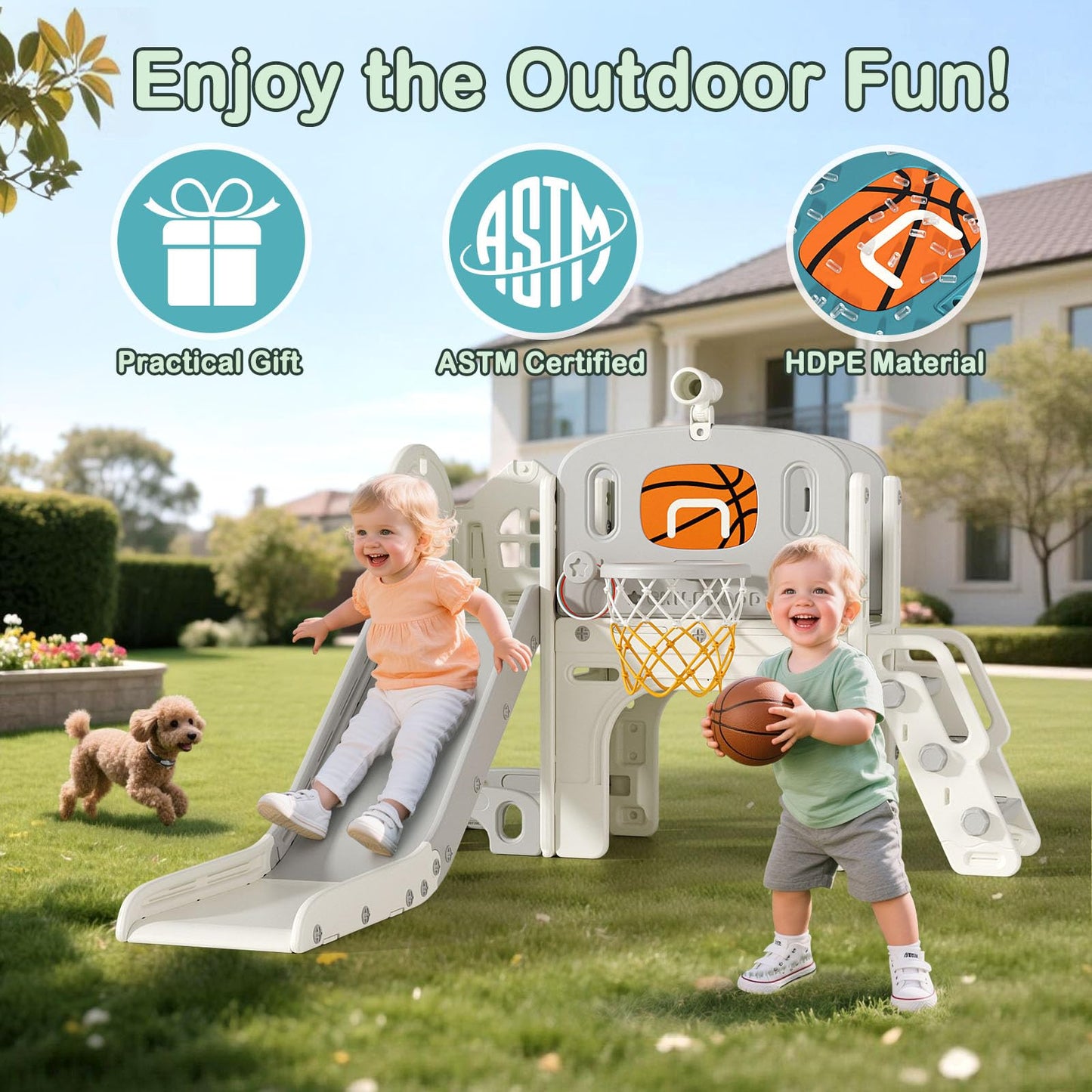 BIERUM 9 in 1 Toddler Slide Set - Baby Slide for Toddlers 1-3 with Ring Toss and Basketball Hoop, Indoor Outdoor Toddler Playset Playground Beige Gray