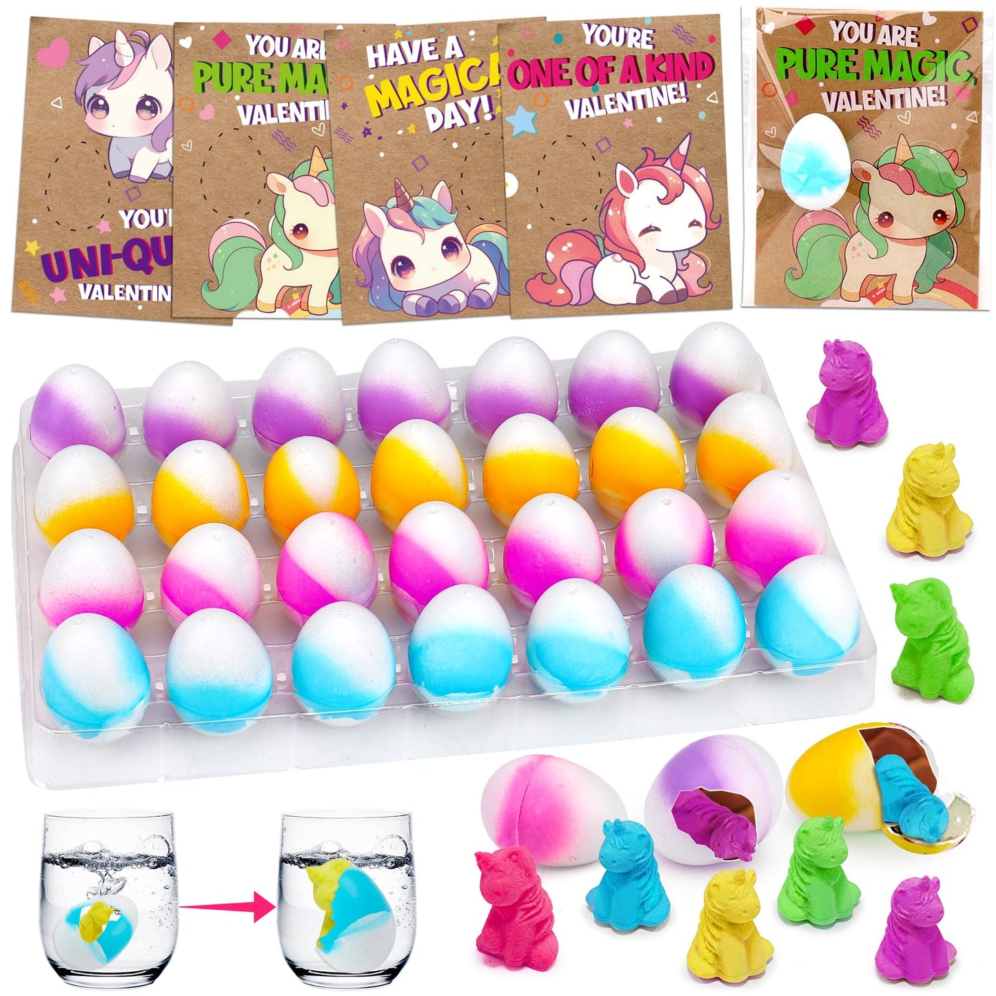 Thremhoo 28PCS Hatching Unicorn Eggs Valentines Day Cards for Kids School Classroom Novelty Hatch Toys Valentine's Day Exchange Gifts for Toddler Boy Girl Class Valentine Party Favors Treat Bulk