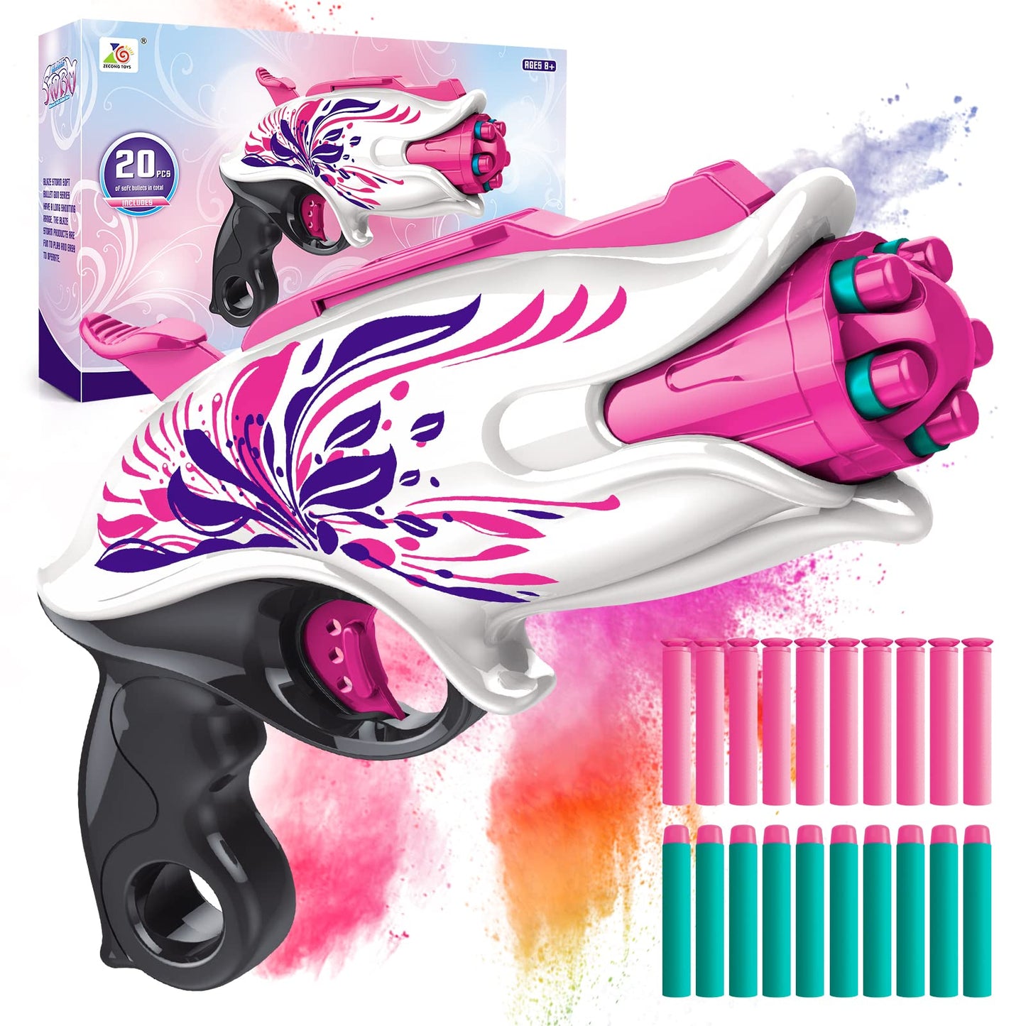 Soft Bullet Toy Pink Dart Blaster, 5-Dart Rotating Drum, 20 Darts, Kids Outdoor Toys Xmas Birthday Gifts for Girls Ages 6+ Years Old