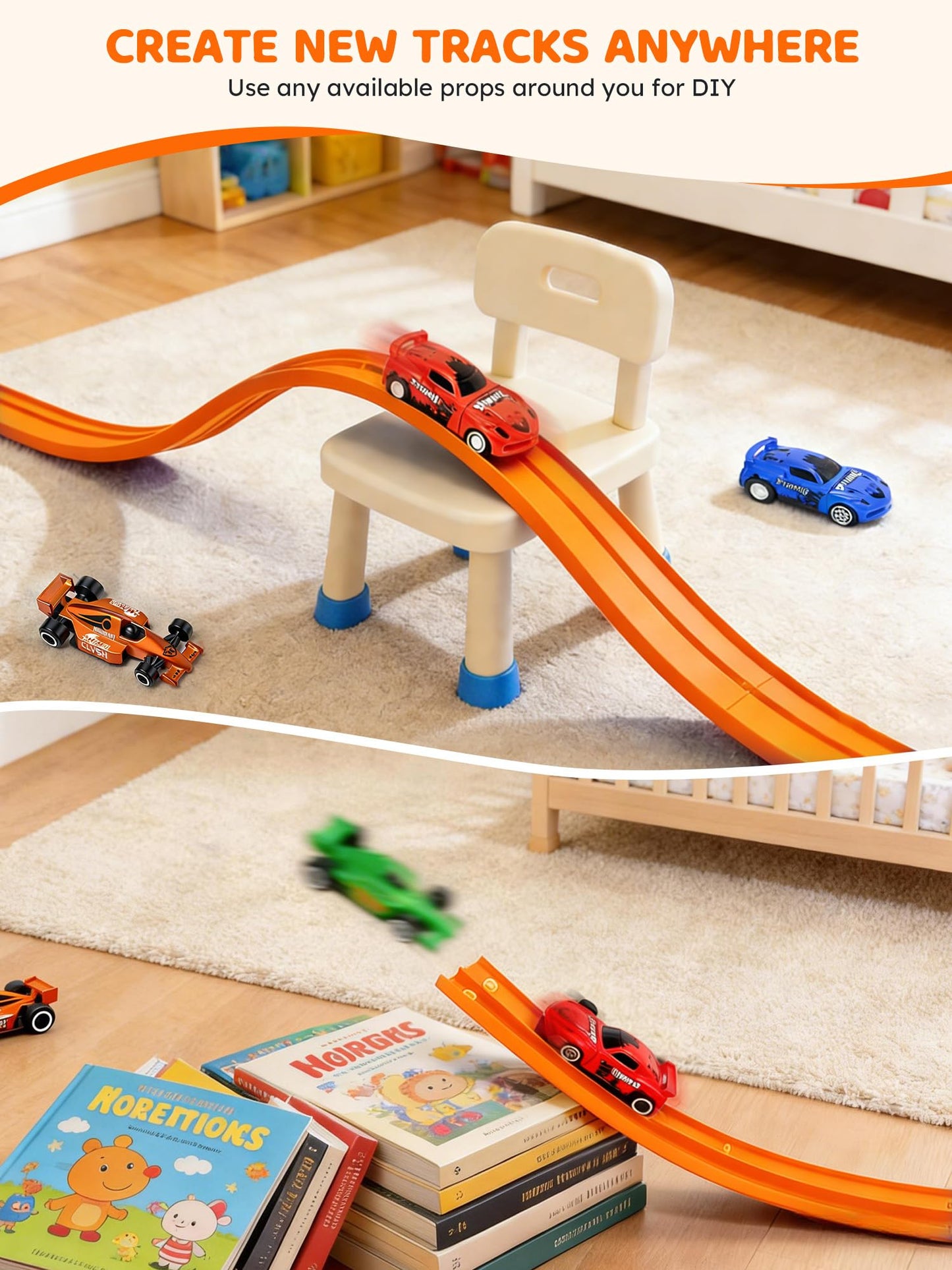 Innovakids Flexible Race Track for Kids - 16.4 Ft Portable Rolls Up Circular Track with Bracket 4 Racing Cars Suction Cup, 3+ Years Car Ramp Kid Toy Compatible with Normal Diecast 1/64th Cars (Orange)