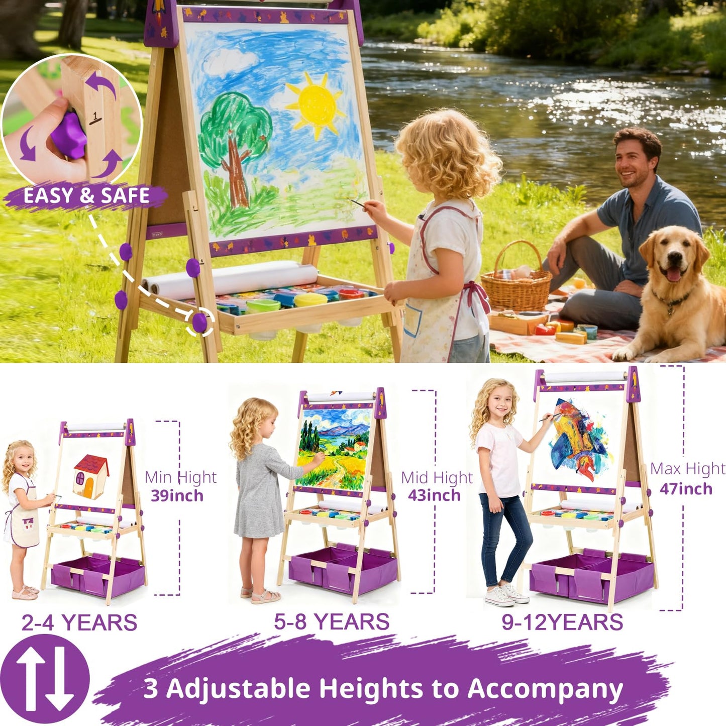Purple Art Easel for Kids, Kids Art Easel with 3 Paper Roll, Magnetic Whiteboard and Chalkboard,Adjustable Standing Wooden Toddler Easel for Painting Double Sided,3in1 Painting Easel for 2-4 4-8 Gift
