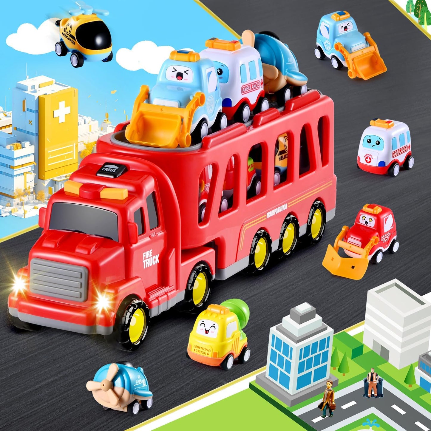 Fire Toy for Boys and Girls Aged 3 4 5 6 Years - 7-in-1 Transport Trolley for Toddlers from 1 to 3 Years, Christmas and Birthday Gifts - Age 3 to 9 Years