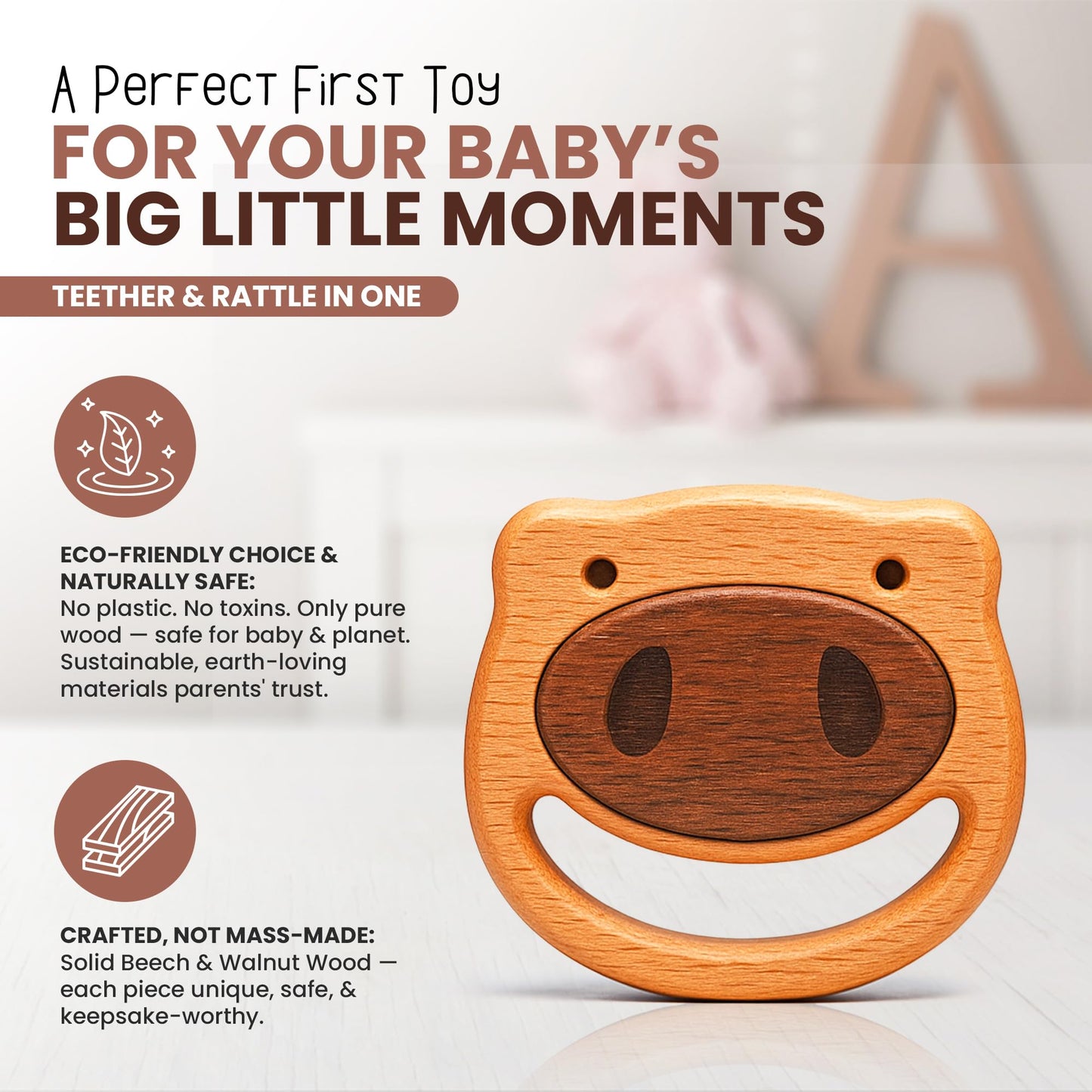 First Baby Rattle for Newborn (0–3 Months) – Natural Wooden Sensory Toy for Babies – Gentle Rattle Sound, Safe First Handheld Infant Toy Gift