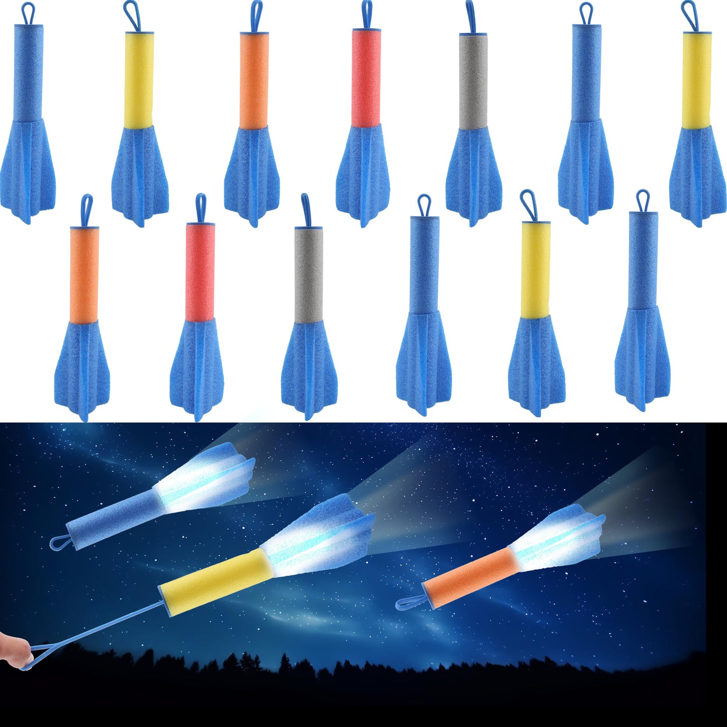 Cagemoga 16 Packs Slingshot Finger Rockets LED Foam Rocket Launchers Light Up Flying Rocket Launcher Toys for Birthday Party Favors Kids Indoor and Outdoor Game Activities