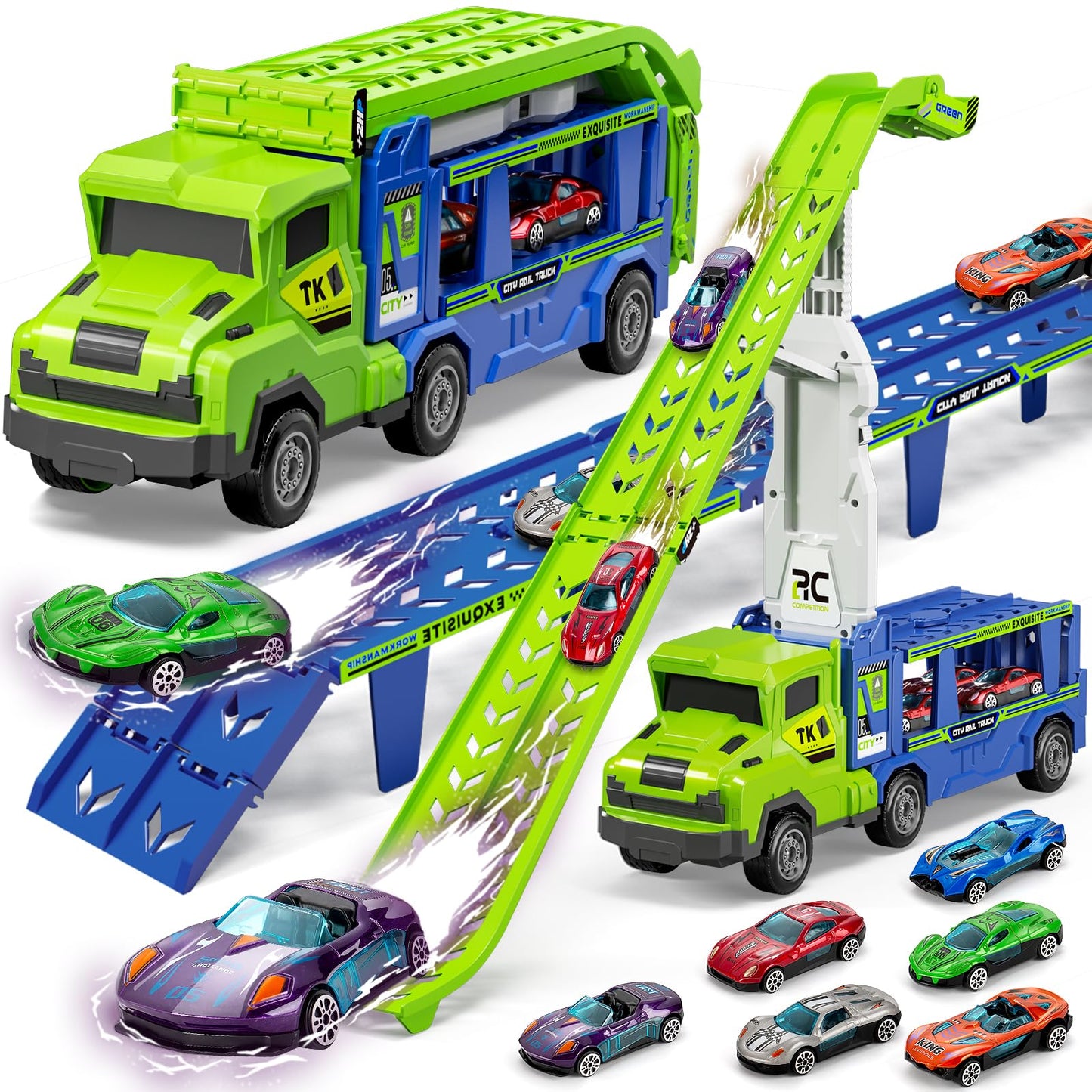Kids Toys for 3 4 5 6 7 8 Years Old Boys, 3 in 1 Carrier Truck Transport Car Toys, Foldable 2 Track Truck Playset with 25-in Race Track, 6 Metal Toy Cars, Birthday Toy Gift for Toddler Boys Girls