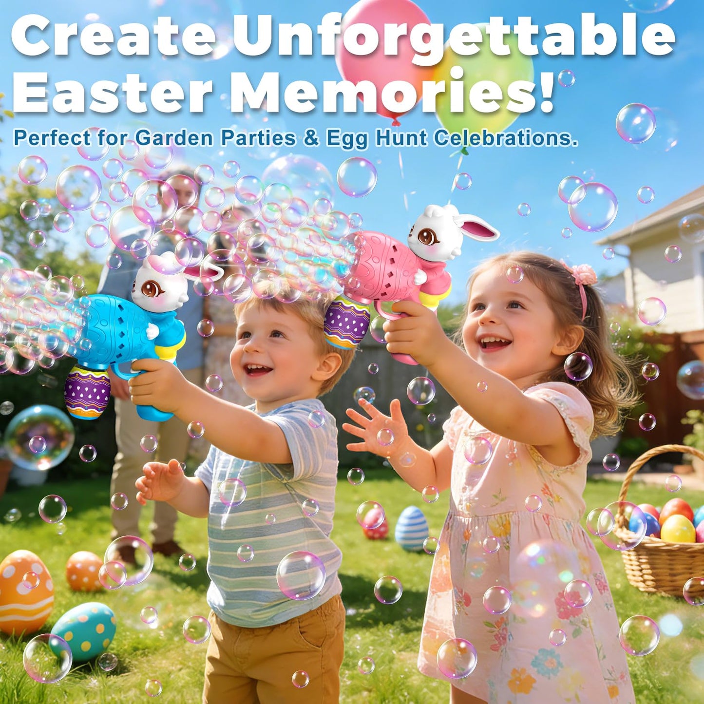 Easter Bubble Guns for Toddlers & Kids: Easter Basket Stuffers 2-Pack Bunny & Egg Themed - Leak-Proof Bubble Blaster Toys with Refill Solution - Perfect for Easter Egg Hunt & Outdoor Party