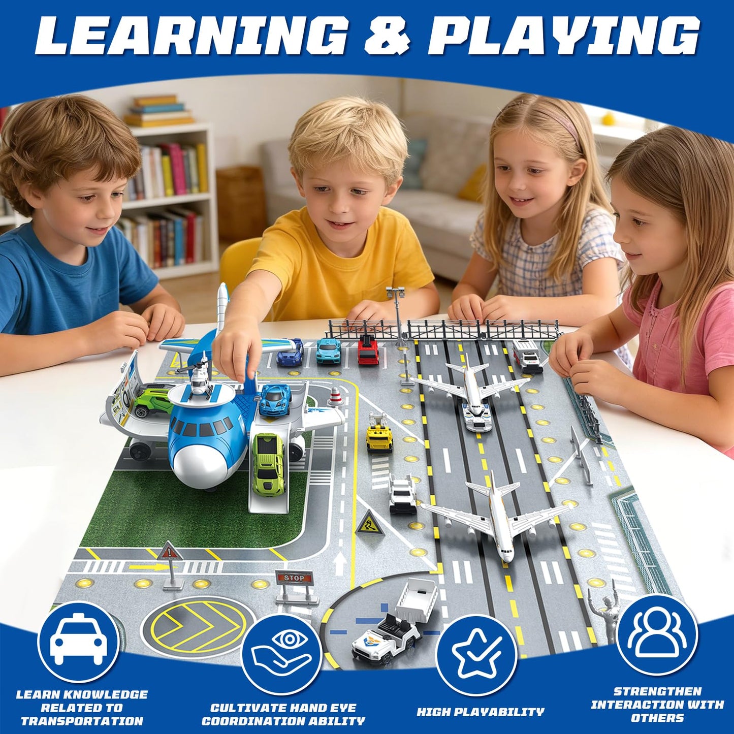 Airplane Toys for Toddlers 1-3-5,Toy Airplane Transport Aircraft with Cars & Helicopter & Play Mat & Stickers,Plane Toys for Boys Girls Age 1 2 3 4 5 6 7 Birthday