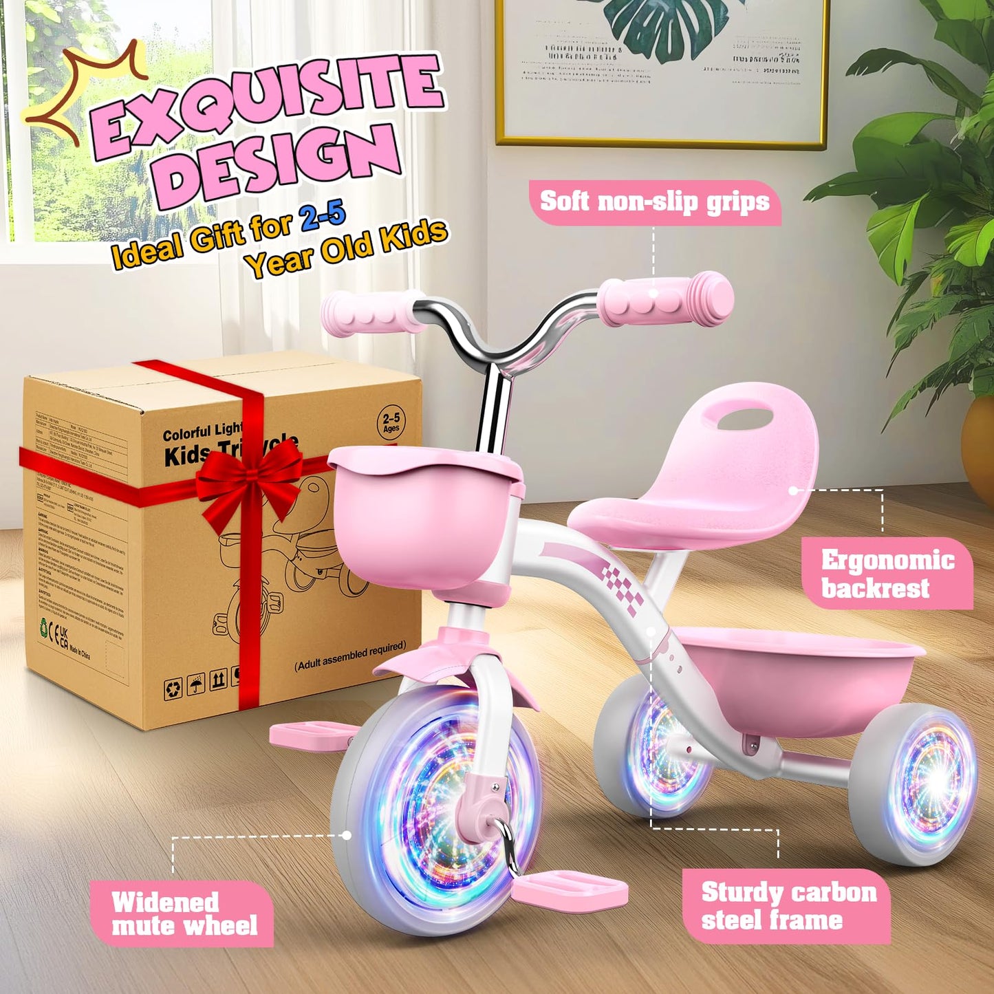 Kkdi Toddler Tricycle for 1-3 3-5 Year Olds, 2 3 4 5 Year Old Girl Birthday Gifts, Pink Toddler Baby Bike, 4-Level Adjustable Seat, 3 Color Light Wheels, 2 Baskets, Outdoor Riding Toys for Ages 2-4