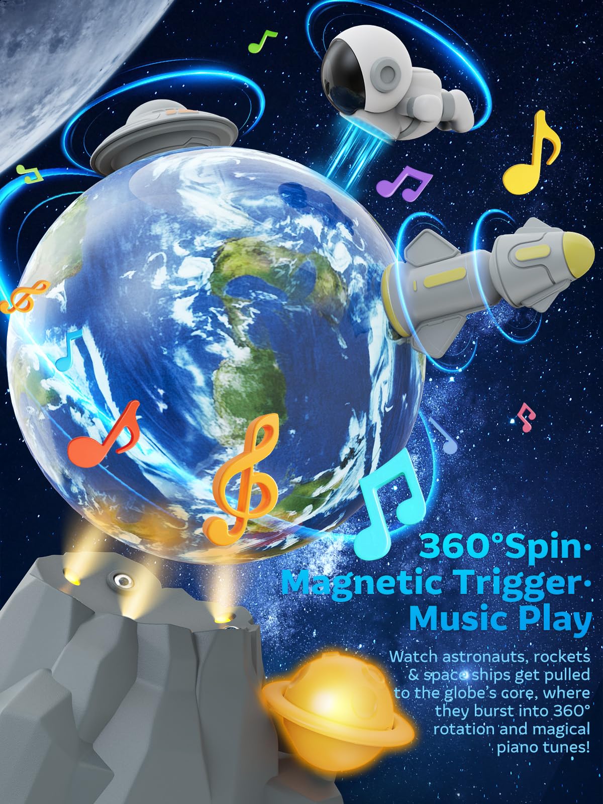 Magnetic Rotating Space Toy Musical Ball with Soft Ambient Light – 360° Spinning Rocket, Astronaut & Spacecraft Playset – Educational STEM Toy & Ideal Christmas or Birthday Gift for Kids Ages 3–10