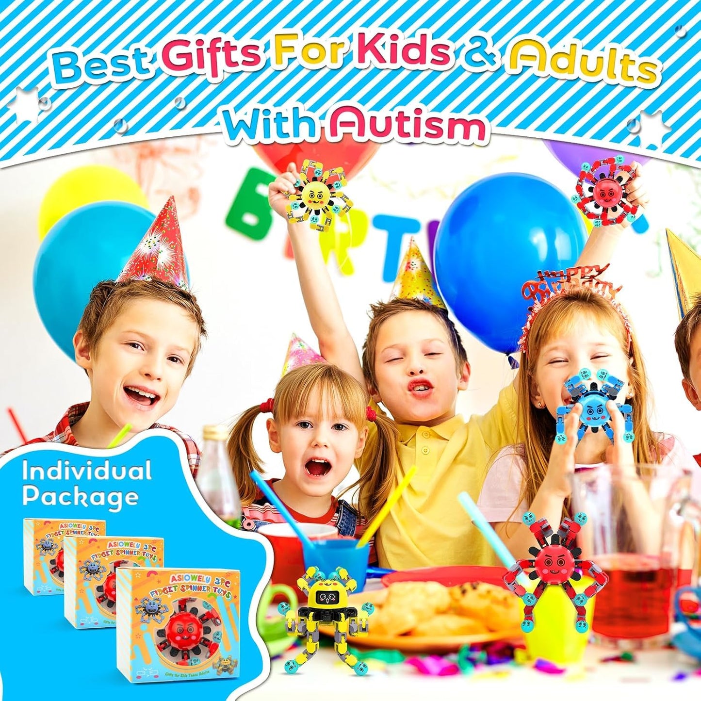 ASIOWELY Transformable Fidget Spinner Toys for Kids and Adults,4 Pcs Sensory Toy for Boys Girl ADHD Stress Relief Toys,Fingertip Gyros Travel Toy Party Favors for Teens Birthdays Gifts Easter Present