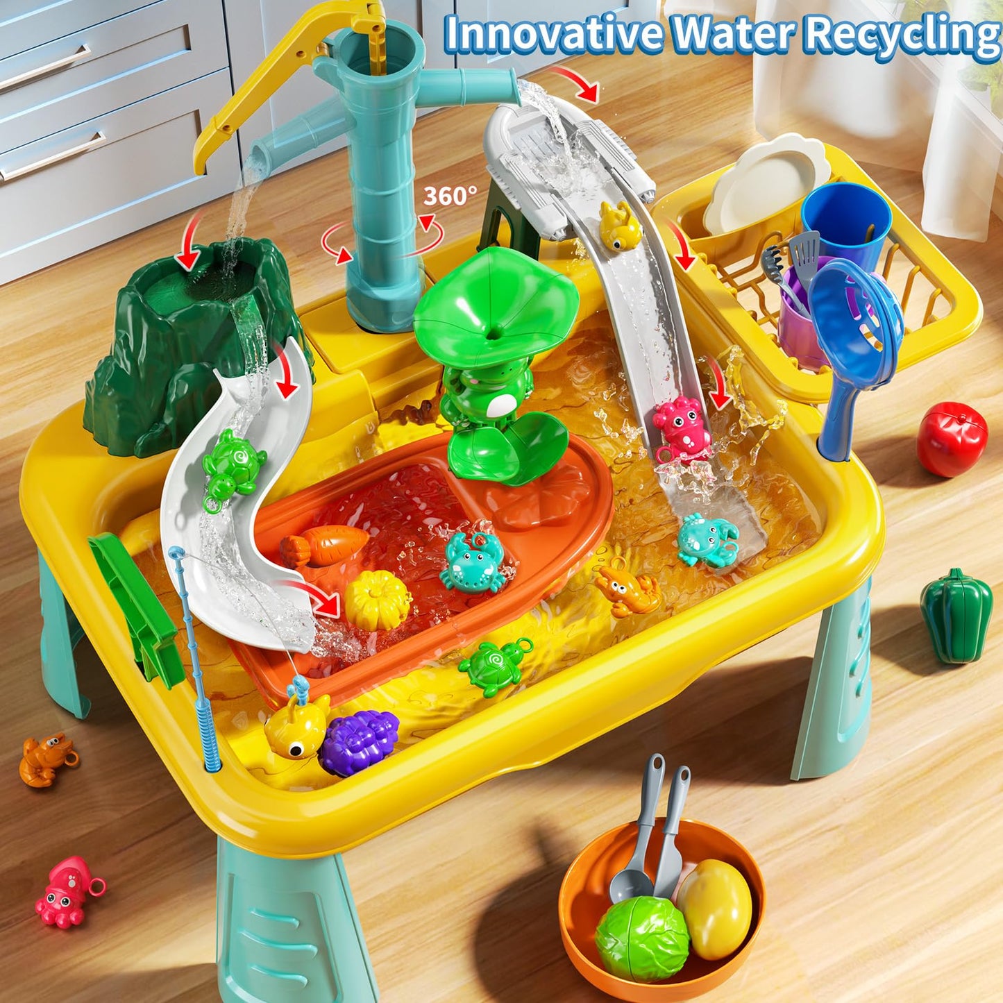 JUKUDAHU Water Table Toy for Boys Girls Aged 3 4 5 6 7 8, Kitchen Toys with Play Sink, Fishing Games, Toddler Sensory Water Play Table for Kids Ages 3-8, Summer Beach Outdoor Toys, Birthday Gifts 2+