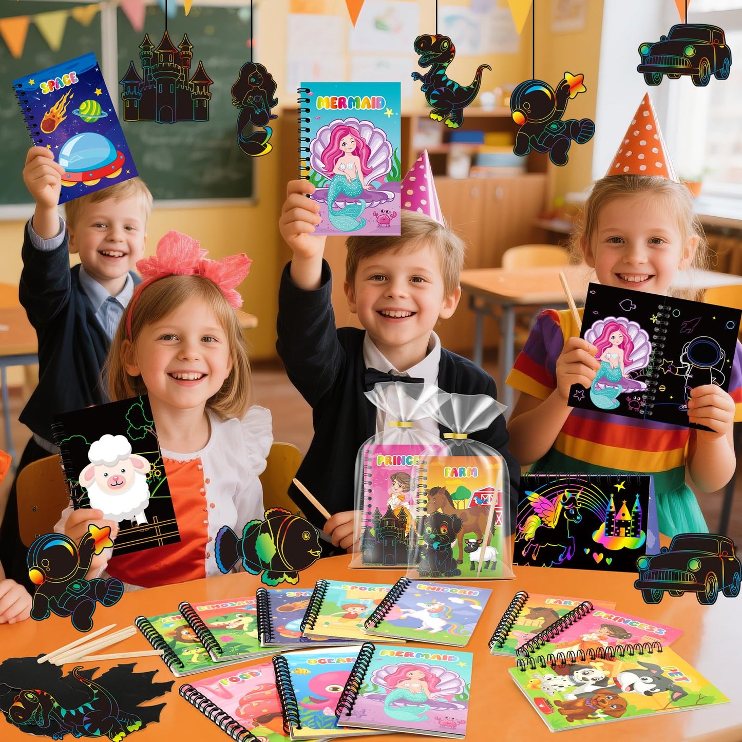 Skrajoi 24 Pack Scratch Art Party Favors for Kids - Rainbow Scratch Paper Notebook with Scratch Off Cards Easter Basket Stuffers Birthday Goodie Bags Stuffers with - Return Gifts DIY Classroom Prizes