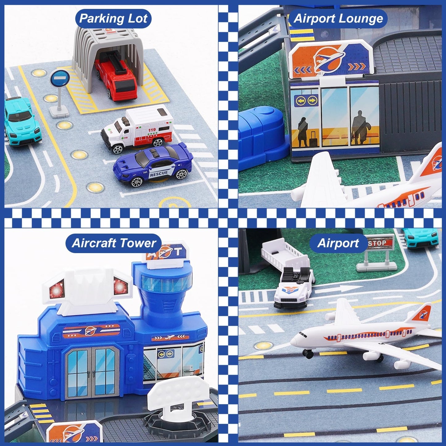 Airplane Toy Set with Trucks, Helicopter, Planes, Signs and Airport Playmat, Interactive Early Learning Toys Great Military Toys Gift for 3 4 5 6 Kids Boys Girls