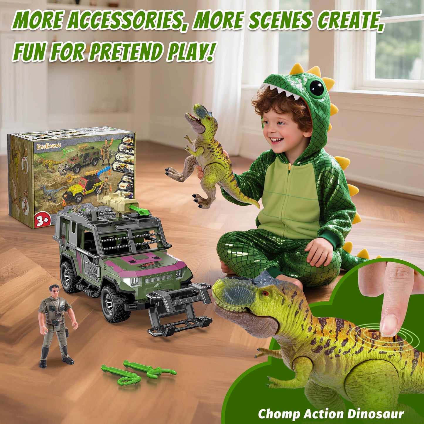 EKU Dinosaur Toys Rescue Truck with Human, 10 Realistic Sounds, 15ft Launch, Clamp, Chomping T-Rex Dinosaur for Jurassic World Role Play Transport Adventure Playset for Kids 3+