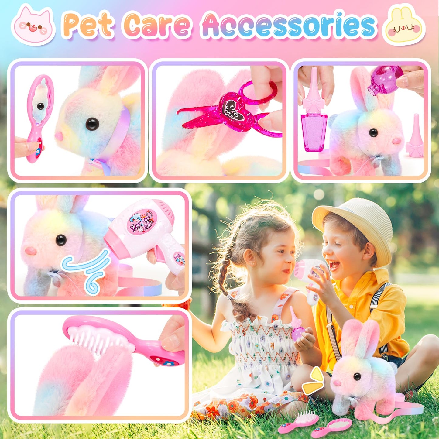 NINAOR Plush Interactive Bunny Toys for Kids with Tote Bags,Stuffed Robot Pet Rabbit with Leash Hopping Wiggle Ears Pretend Play,Realistic Cute Fidget Toys for Toddler Stocking Stuffers Birthday Gifts